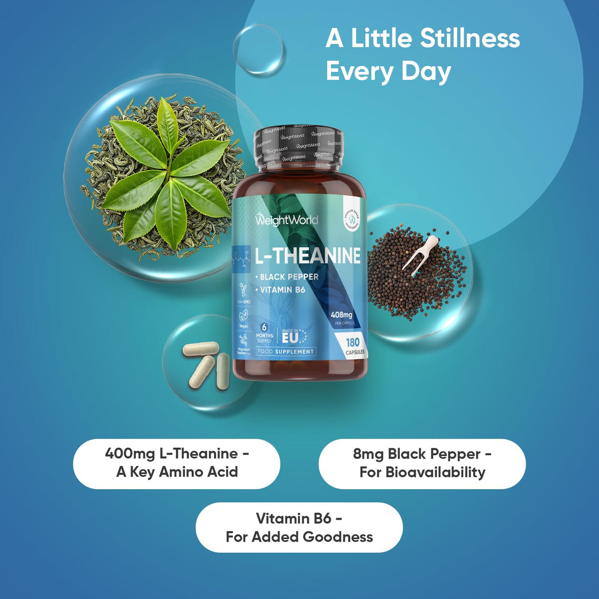 WeightWorld L-Theanine 408mg - 180 Capsules - 6 Months Supply | with Vitamin B6 & Black Pepper | 1 Capsule per Day | Vegan, Gluten-Free & Non-GMO - L Theanine Supplement for Men & Women - Made in Europe