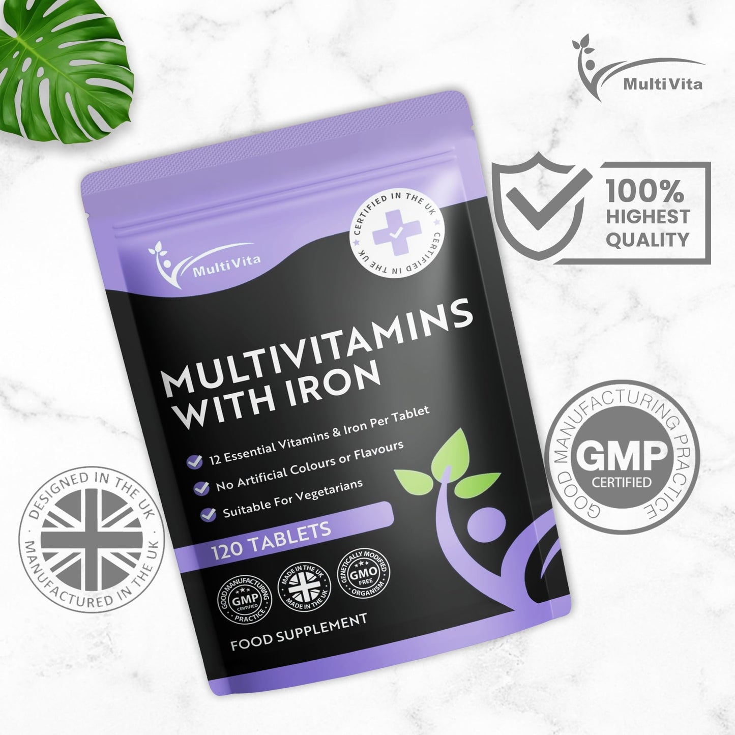 Multivita Multivitamins with Iron – 12 Essential Vitamins & Iron – Immune, Energy & Skin Support – 1-a-Day for Men & Women – 120 Tablets – 4 Month Supply – Vegetarian – Made in UK