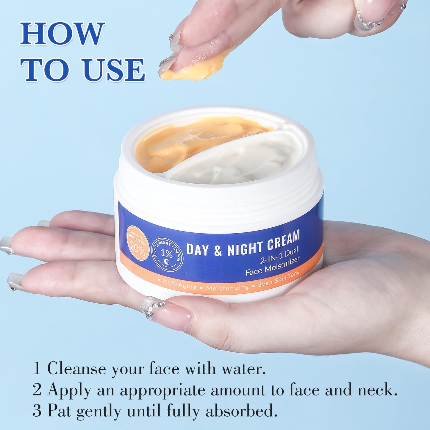 AOPEIBOTO Day & Night Face Cream, 20% Vitamin C Day Cream and 1% Retinol Night Renewal, 2-In-1 Dual Face Moisturizer for Women, Men 3.53oz/100g