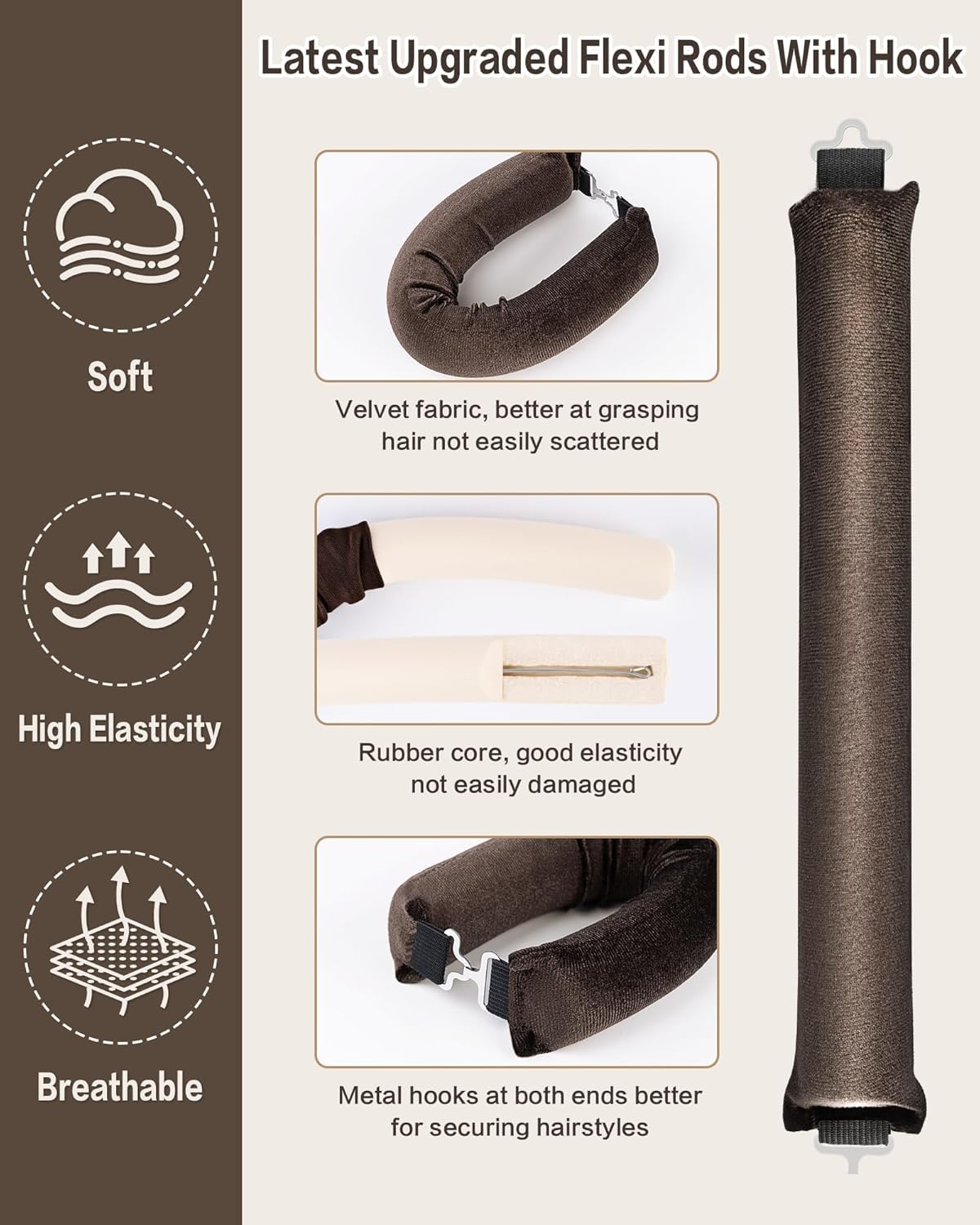 Seritant Heatless Hair Curler to Sleep in – No Heat Satin Heatless Curls Overnight Rods, Jumbo Large Foam Sponge Hair Rollers Curlers for Long Short Hair Volume Women Styling Tools (Brown)