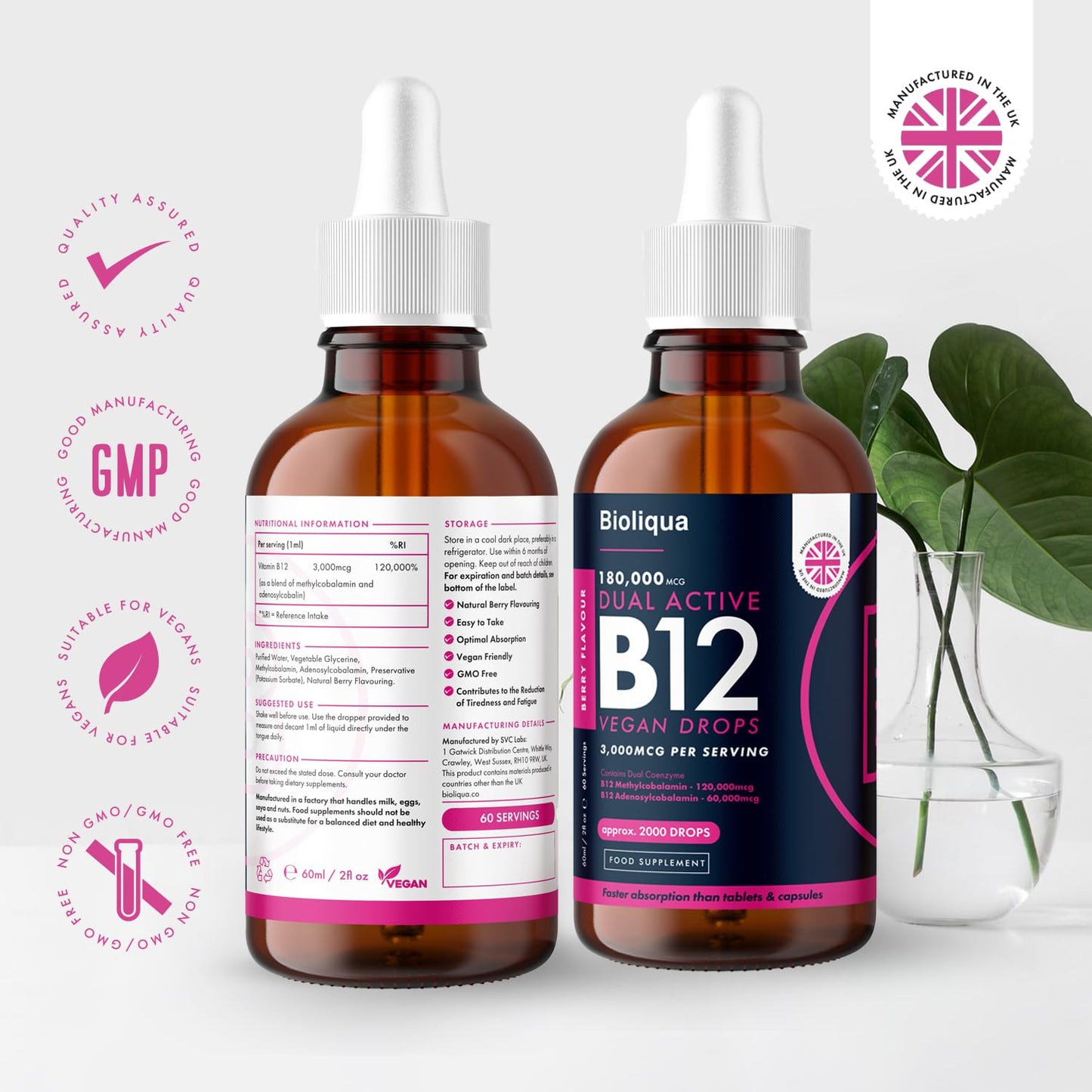 Balance ™ Vitamin B12 Liquid Drops - Vegan - High Strength 3000mcg - 2 Month Supply - 60 Servings - 18,000mcg per 60ml Dropper Bottle - Sublingual & Dual Action for Fast Absorption - Made in The UK by Balance