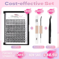 Glowing Win Individual Lashes DIY Lash Extensions Kit with Lash Bond&Seal and Tweezers 144PCS Cluster Lashes Set Reusable False Eyelash Extensions Natural Look Mix 8-16mm C D Curl Strip Eye Lashes