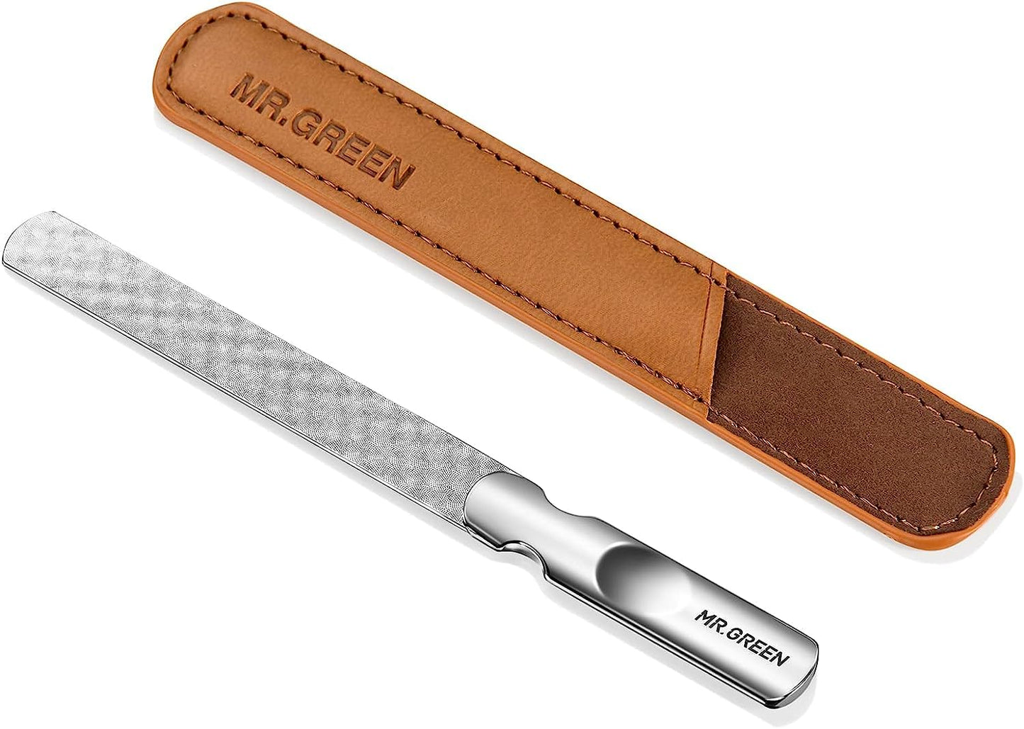 MR.GREEN Men's Professional Metal Nail File with Real Leather Case, Double-Sided Buffing Nail File with Non-Slip Handle for Women, Children, Nails, Foot and Hand