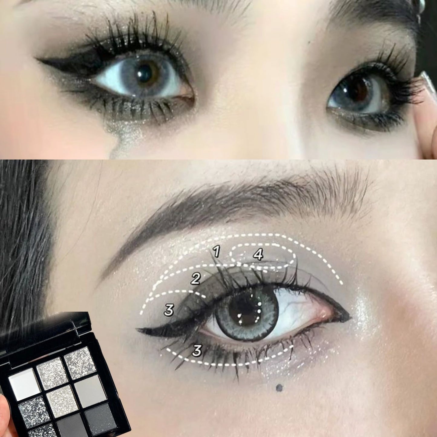 HAORQEE Black Eyeshadow Palette, Smokey Glitter Silver Gothic Eye Shadow Make Up Palettes White Grey Matte Cold Toned Long Lasting Waterproof Eye Shadows Pallets for Women Girls Halloween Goth Christmas Gifts