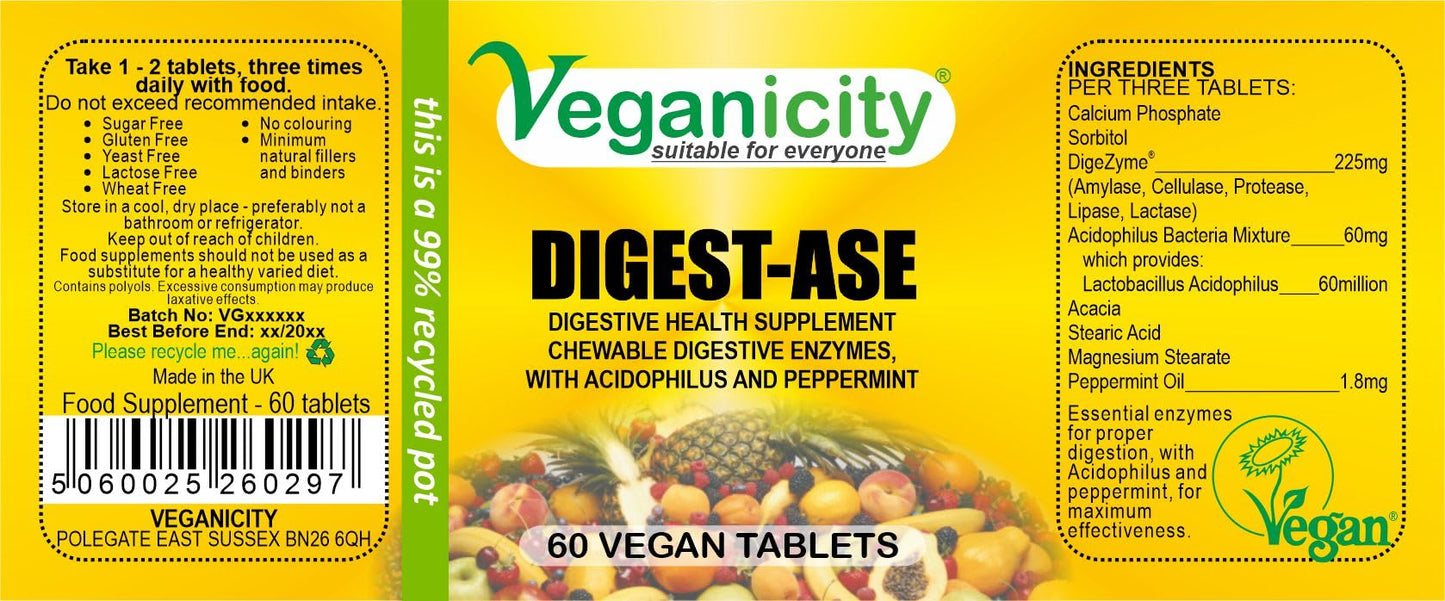 Veganicity Digest-Ase : Digestive Health Supplement : 60 Tablets, in a Planet-Friendly 99% Recycled Pot