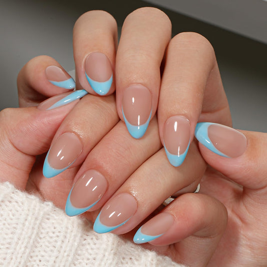 KQueenest French Tip False Nails with Glue, Light Blue Press on Nails Short Almond, Natural Nude Fake Nails Press ons Stiletto, Reusable Soft Gel Stick on Nail for Women, 30 Pcs