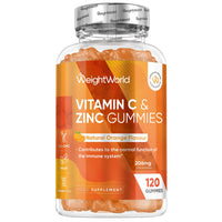 WeightWorld Vitamin C and Zinc Gummies - 120 Tasty Gummies - Natural Orange Flavour - 2 per Day - Gluten-Free, Vegan-Friendly & Non-GMO - Bioavailable Forms (L-Ascorbic Acid & Zinc Citrate)
