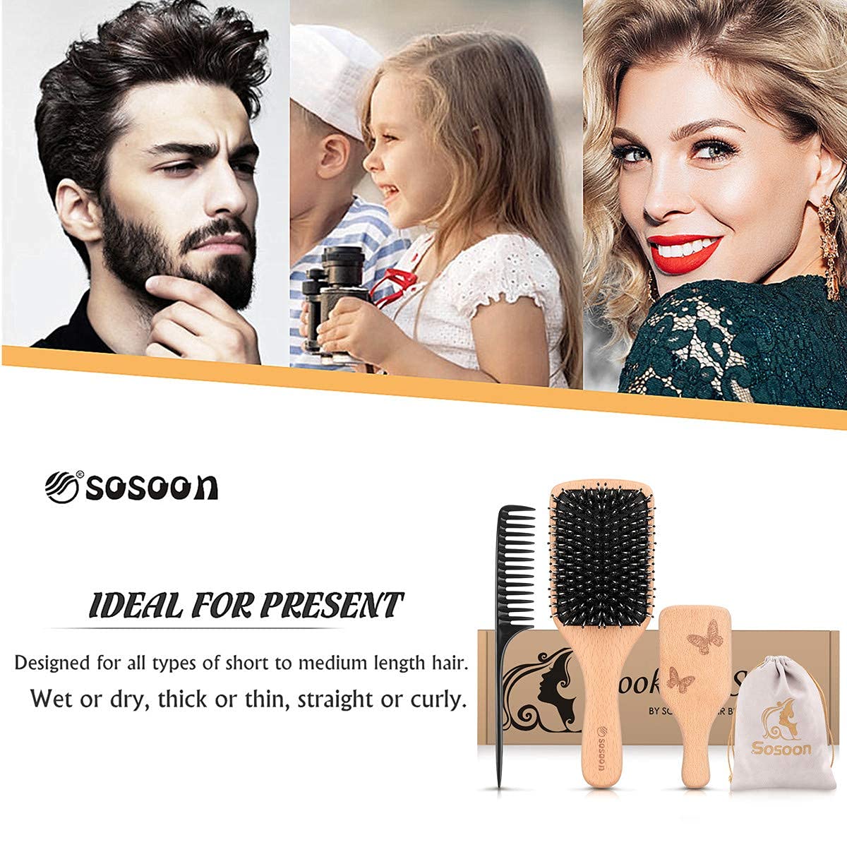 Hair Brush Set, Sosoon Boar Bristle Paddle Hairbrush for Women Men Kids Reducing Frizzy, No More Tangle, Small Travel Brush Tail Comb & Giftbox Included