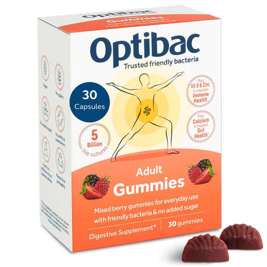 Optibac Probiotics Adult Gummies - Vegan Digestive Probiotic Supplement with Vitamin D, Zinc & Calcium for Immune Support & Gut Health - 5 Billion Bacterial Cultures - 30 Gummies