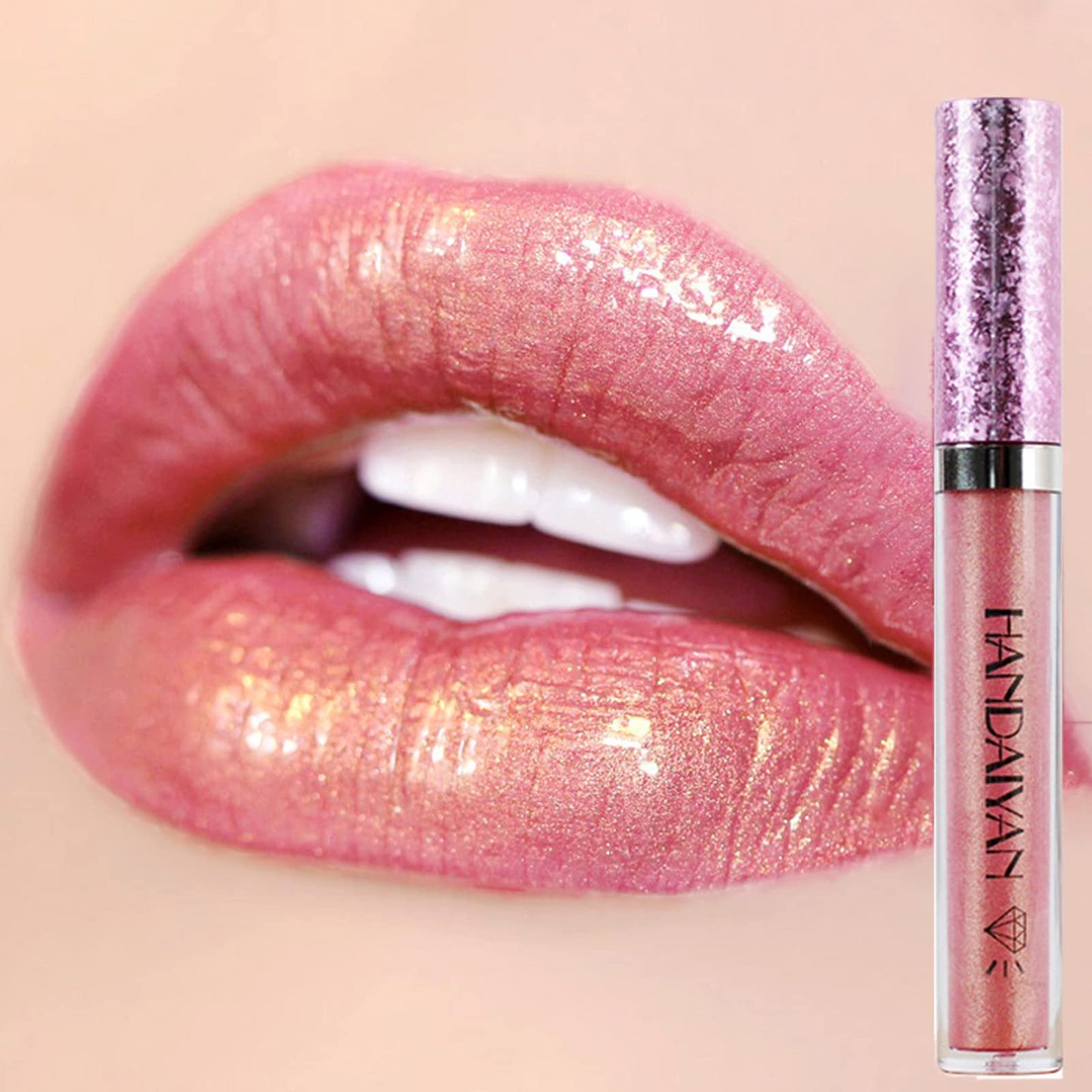 GEEWHILE Lip Gloss Metallic Lipstick Glitter Lipgloss, Shimmer Non-Stick Cup Light Pink Lip Gloss, Lipsticks for Women Long-Lasting Waterproof Metallic Shimmer Liquid Lipstick Sparkle (#02)