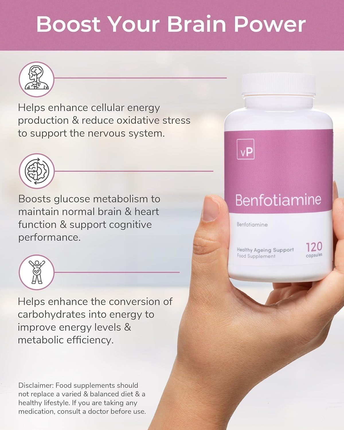 vP Vitality Pro Benfotiamine Vitamin B1 Supplement, 120 Capsules - Fat Soluble 300mg B1 Vitamin for Heart & Cognitive Support - Easy to Swallow Vegan Dietary Supplements for Men & Women