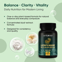 AMBROSIAL Ambrosial Lion’s Mane Mushroom Supplement with Black Pepper – 2000 mg High Strength Extract per Serving – Plant-Based Brain & Body Balance Formula – 120 Vegan Tablets – Non-GMO, Gluten-Free
