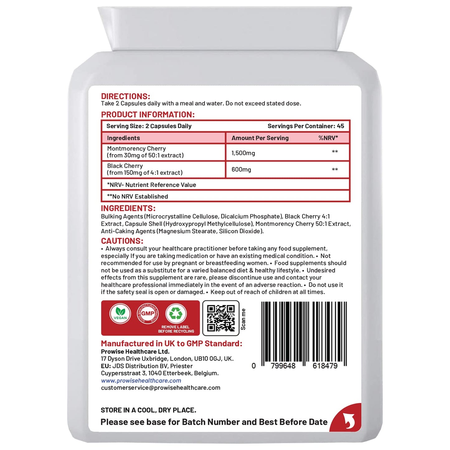 PH PROWISE Healthcare Montmorency Cherry Capsules 2100mg - 90 Vegan Supplements I Prowise CherryMax with 1500MG Montmorency Cherry & 600MG Black Cherry I Tart Cherry Capsules I Made in The UK by Prowise Healthcare