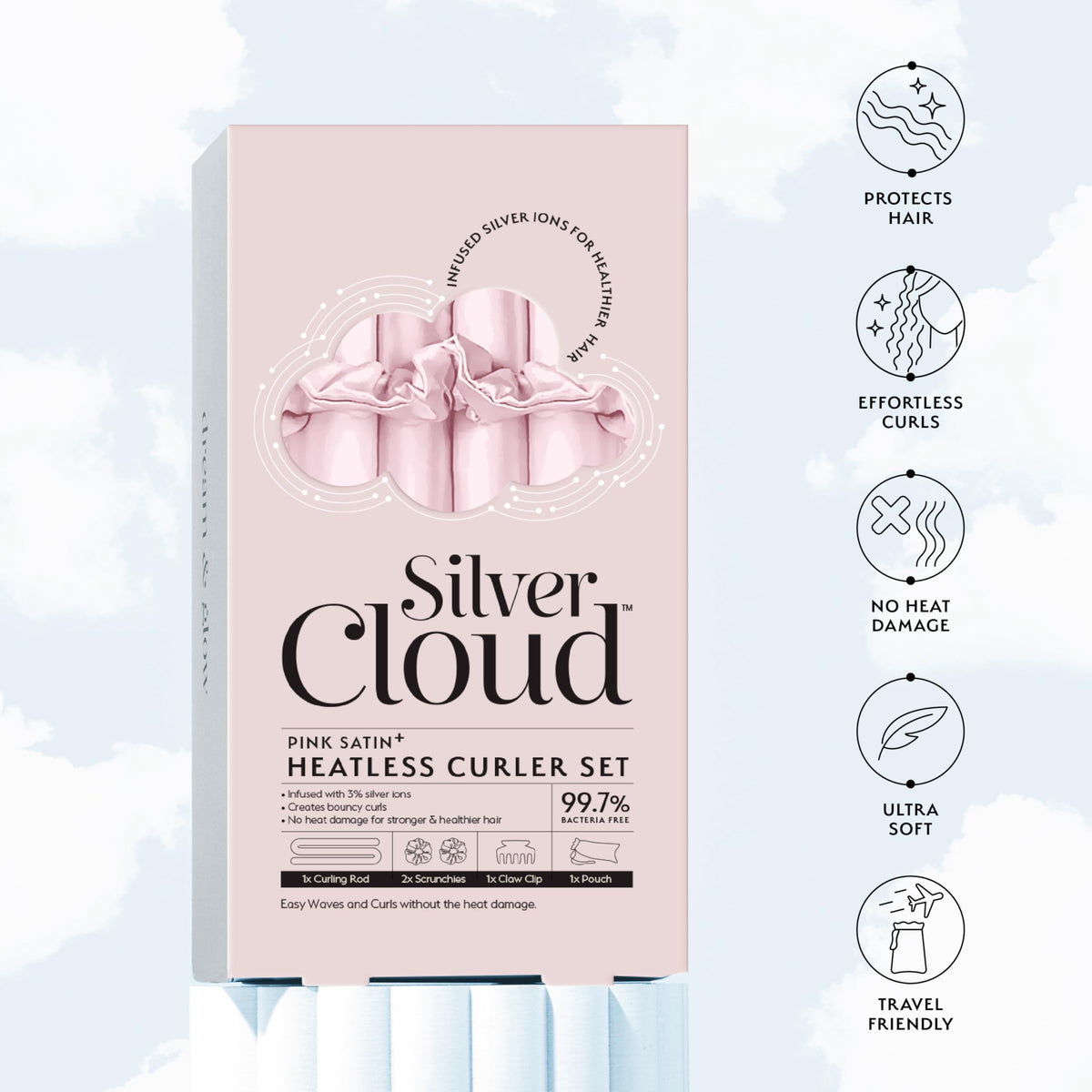 SILVER CLOUD Silver Cloud Satin Heatless Curler Set Infused with Silver Ions – Effortless Curls, No Heat Required (Pink, Medium)
