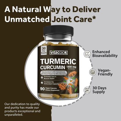 Turmeric Curcumin 1800mg, 95% Curcuminoids for Potency, Superior Absorption with Black Pepper Extract, Raw Whole Root,90 Veggie Caps