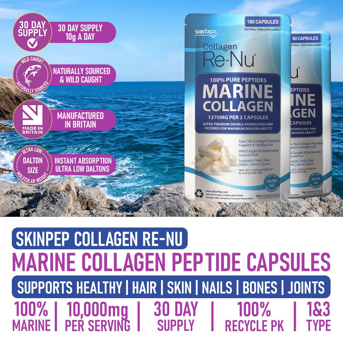 Skin Pep 100% Pure Marine Collagen 60 Capsules - 1270mg (Not Collagen Powder) - 1 Month Supply - Collagen Supplements for Women & Men - Premium Double Hydrolysed Type 1 Collagen Peptides by SkinPep