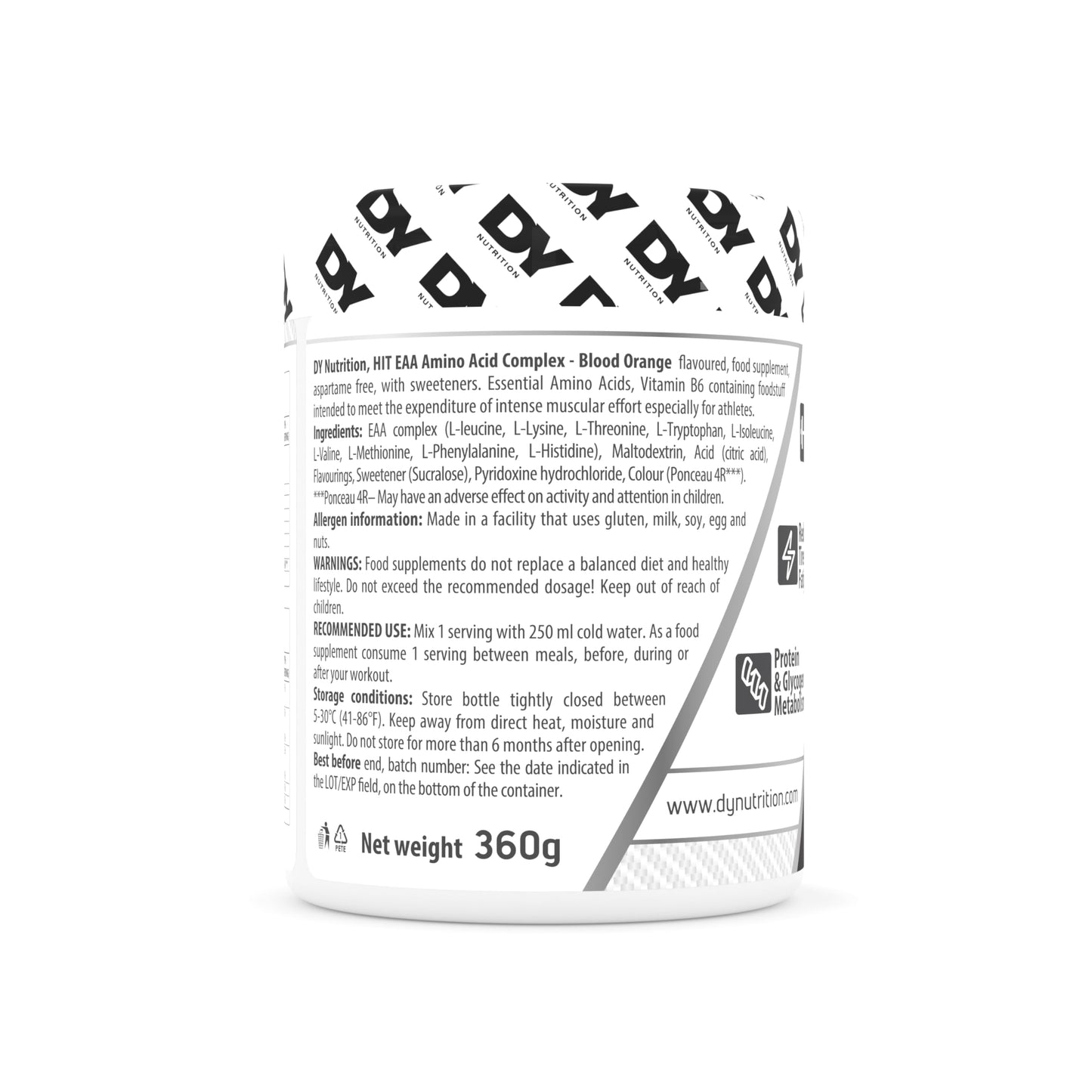DY Nutrition HIT EAA - Essential Amino Amino Acids Complex 360g, (Blood Orange) with L-Lysine, Vitamin B6 & BCAAs