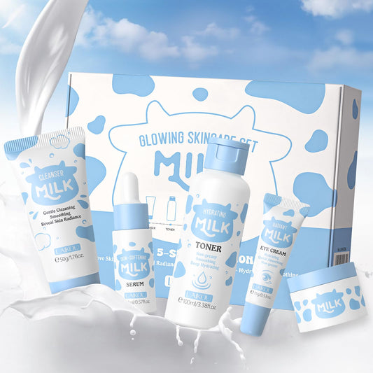 LAIKOU Milk Skincare Set, Nourishing Skin Care Sets & Kits Cleanser, Toner, Serum, Eye Cream & Moisturizer, Pamper Gift Set for Teenage Girls Women, Birthday Christmas Gift, Travel Sized, 5PCS