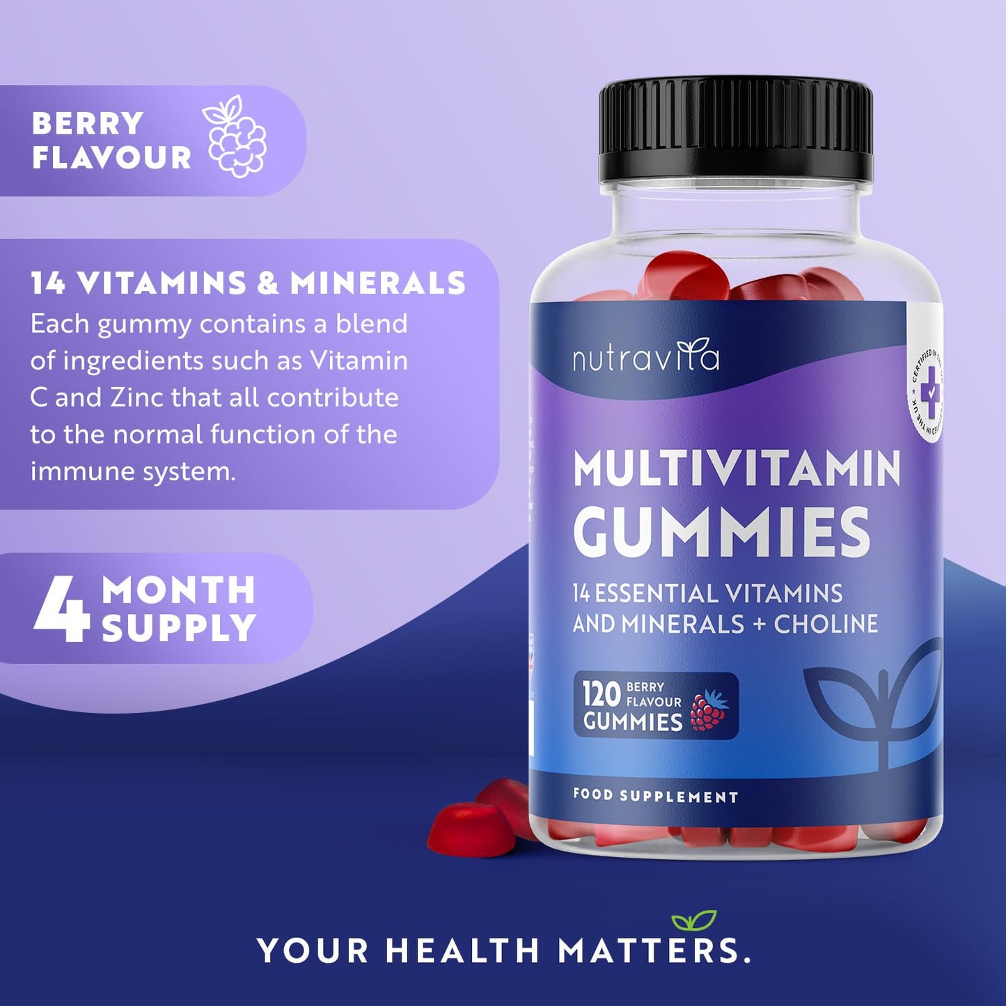 Multivitamin Gummies for Women and Men - 120 Vegan Gummies (4 Month Supply) - 14 Essential Vitamins & Minerals - Vitamin C A D B12 Biotin Zinc - Berry Flavour Chewable Adult Multi Vitamins - Nutravita