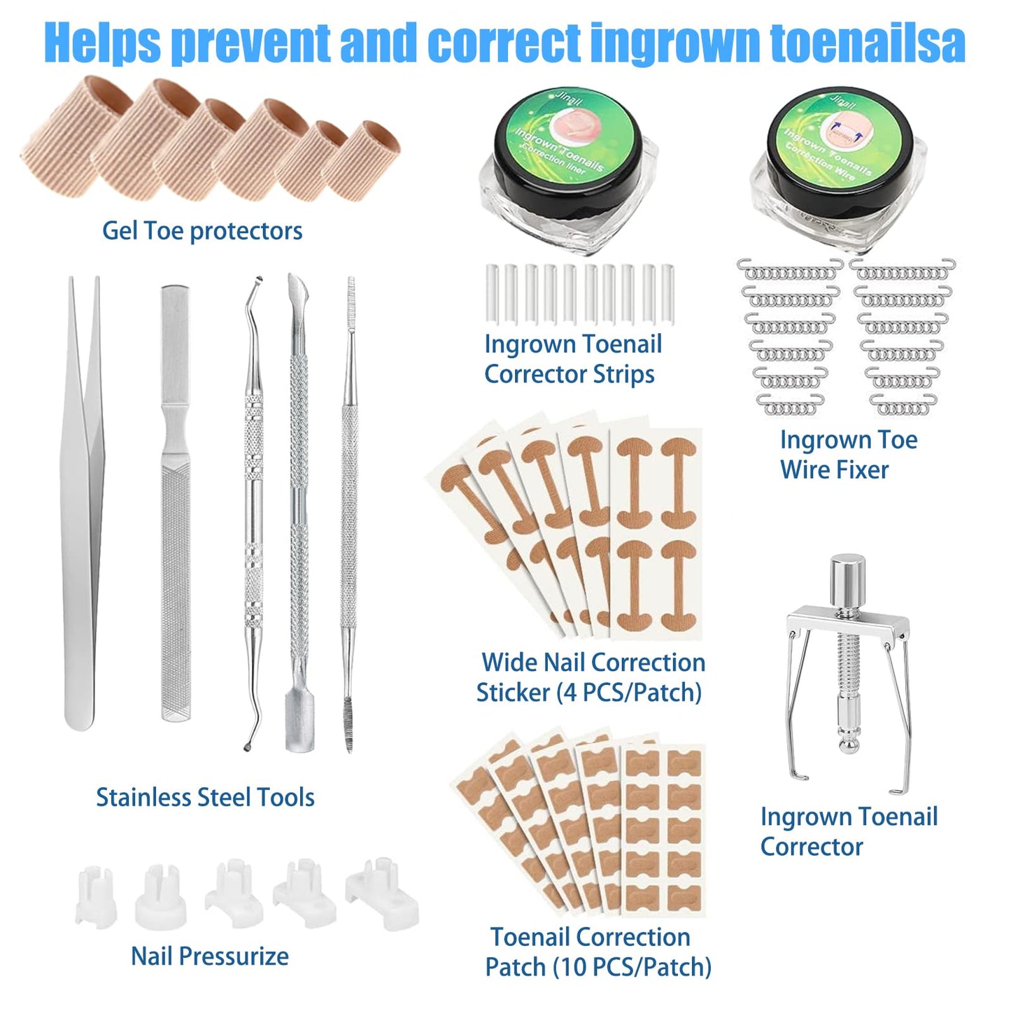 Professional Ingrown Toenail Treatment Kit, Podiatry Tools with Corrector Braces,Nail File and Lifter,Pain Relief Patches,Curved Toenail Corrector for Women Men