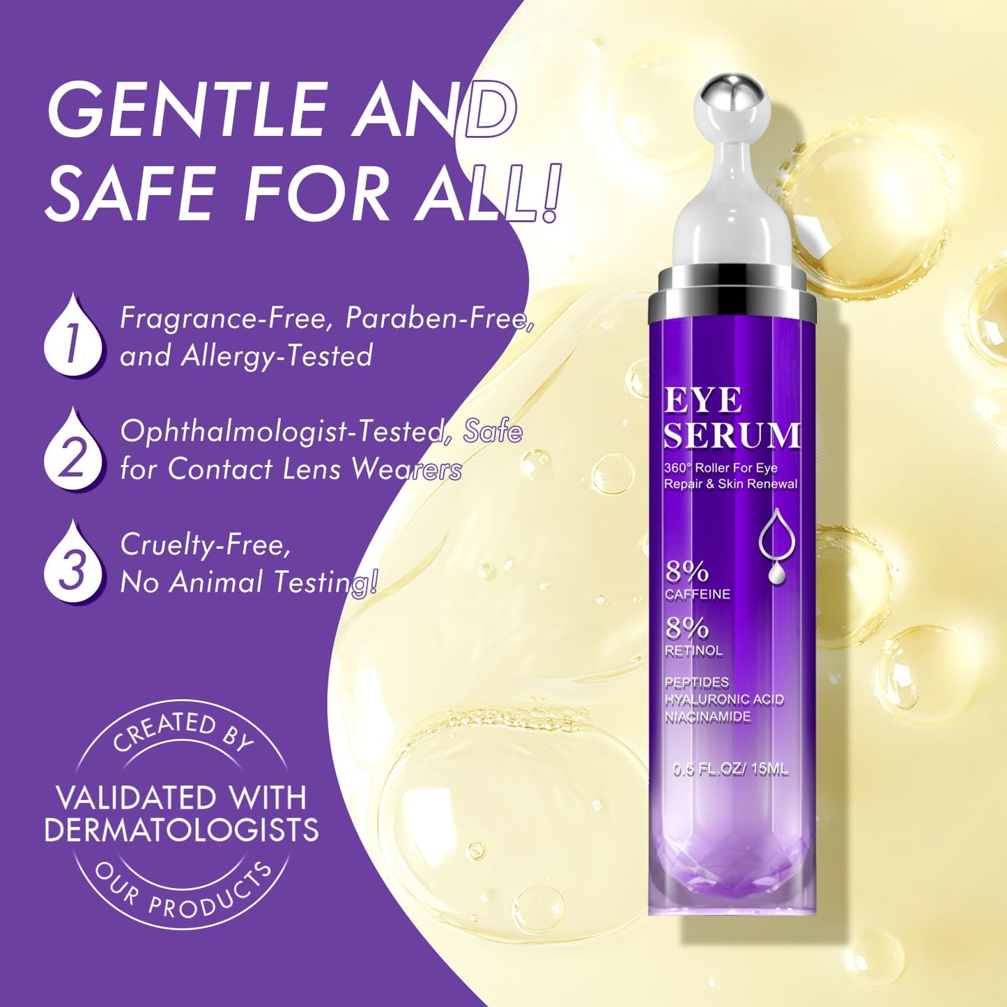 QUANHAO Eye Serum with 8% Caffeine 15ml 2 Pack, Under Eye Serum for Dark Circles and Puffiness Eye, Wrinkles and Fine Lines, Eye Cream, Under Eye Treatment Replumps, Brightens And De-Puffs Eyes