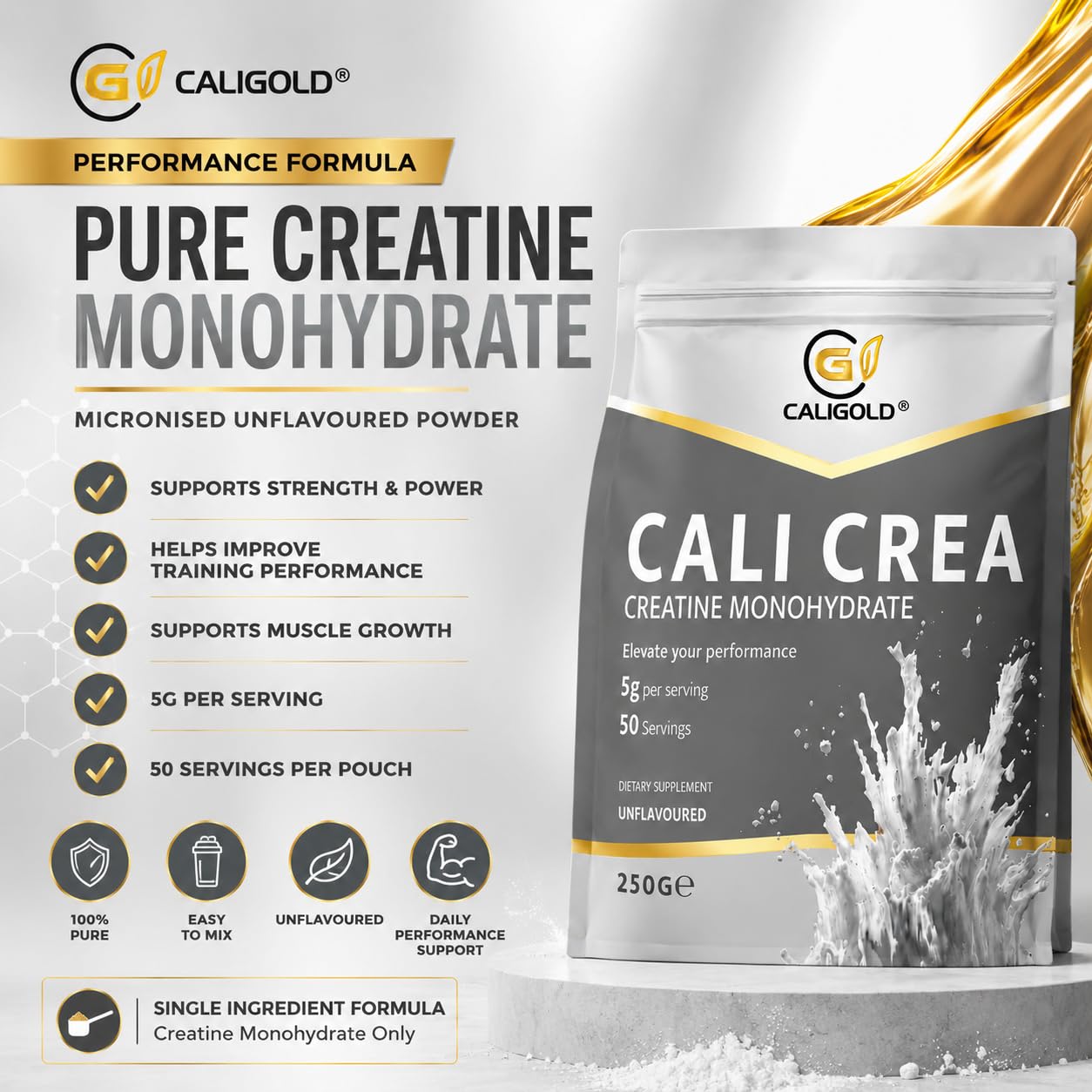 CALIGOLD Health Creatine Monohydrate Powder 250G, Per Serv (5g) - Creatine Monohydrate, 50 Servings