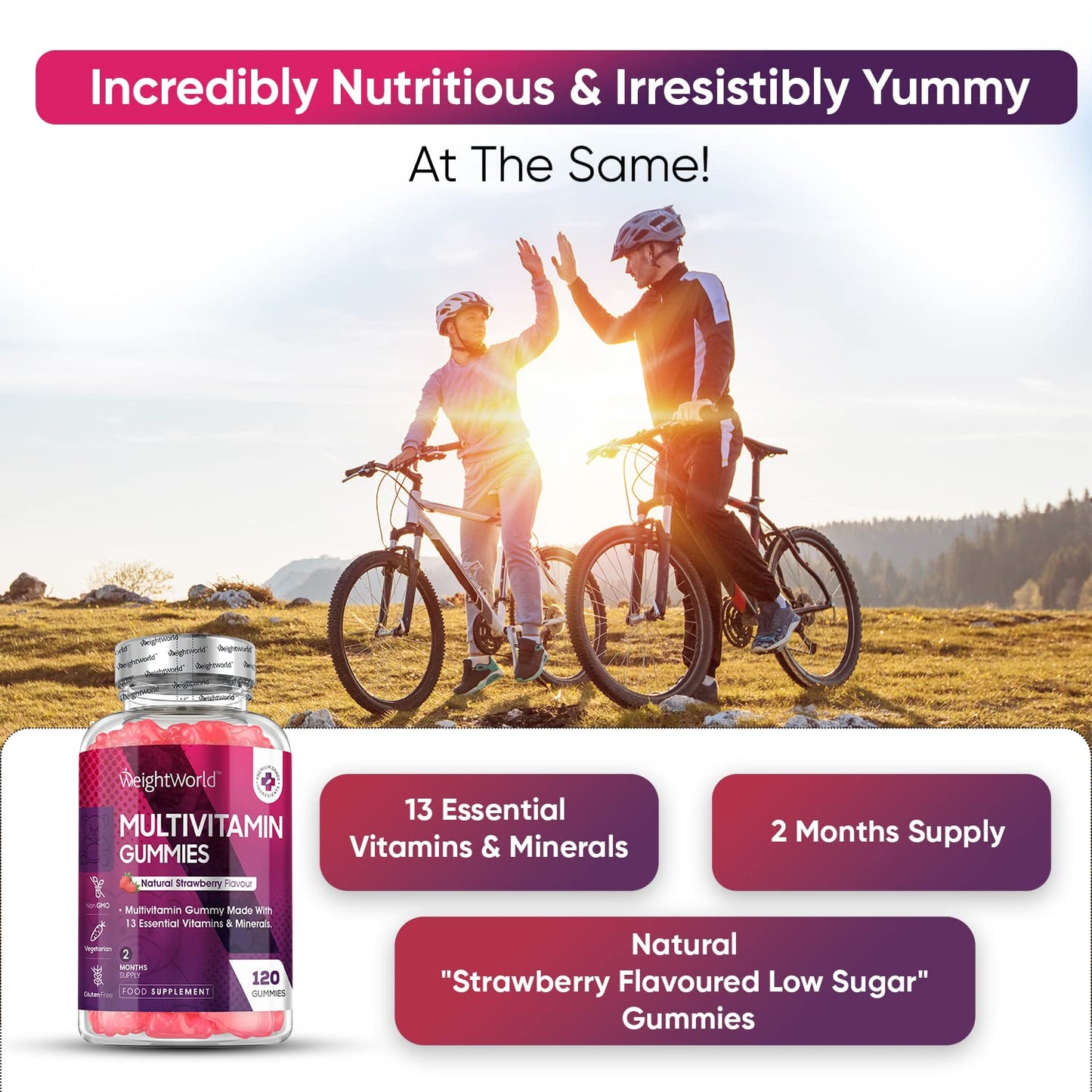Multivitamin Gummies for Women & Men - 2 Months Supply - 13 Multivitamins & Minerals - 120 Vitamin Gummies - With Vitamin C, A, D, B, Biotin & Zinc - Strawberry Flavoured Chewable Multivitamins Adults