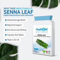 Senna Leaf 400mg 60 Capsules, Herbal Overnight Relief, Stool Softener, Regularity Supplement, Vegan Cassia Angustifolia Leaf, Additive Free, Not Tablets, Made in UK by Health4All