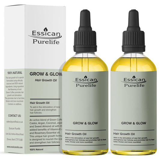 Essican Purelife Hair Growth Oil Twin Pack 100% Natural Hair Oils - 100ml Hair Growth Rosemary Oil, Argan Oil, Coconut Oil, Green Coffee, Vitamin E Oil, Castor Oil, Hair Loss Treatment, Scalp Oil Hair Serum - 2pcs