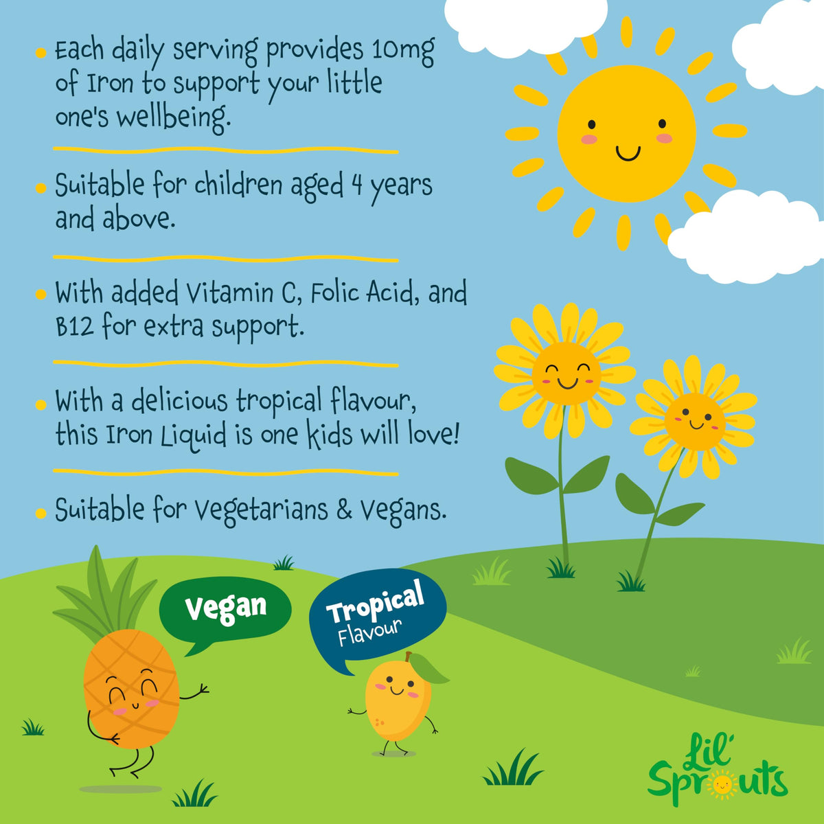Carlyle Iron Drops for Kids | 50mL | with Vitamin C, B12, and Folic Acid | Tropical Flavoured Liquid Food Supplement | 10mg of Iron Per Serving | Vegan | by Lil' Sprouts
