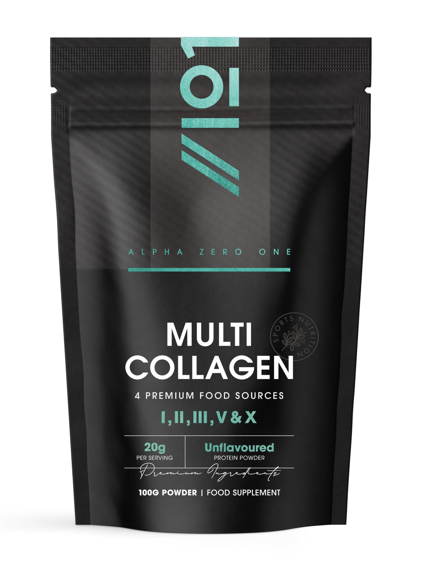 ALPHA01 Multi Collagen Protein Powder 100g - 5 Types of Food Sourced Collagen Peptides - Hydrolysed Grass Fed Bovine, Wild Caught Marine & Free-Range Chicken, Supports Joints, Skin and Nails