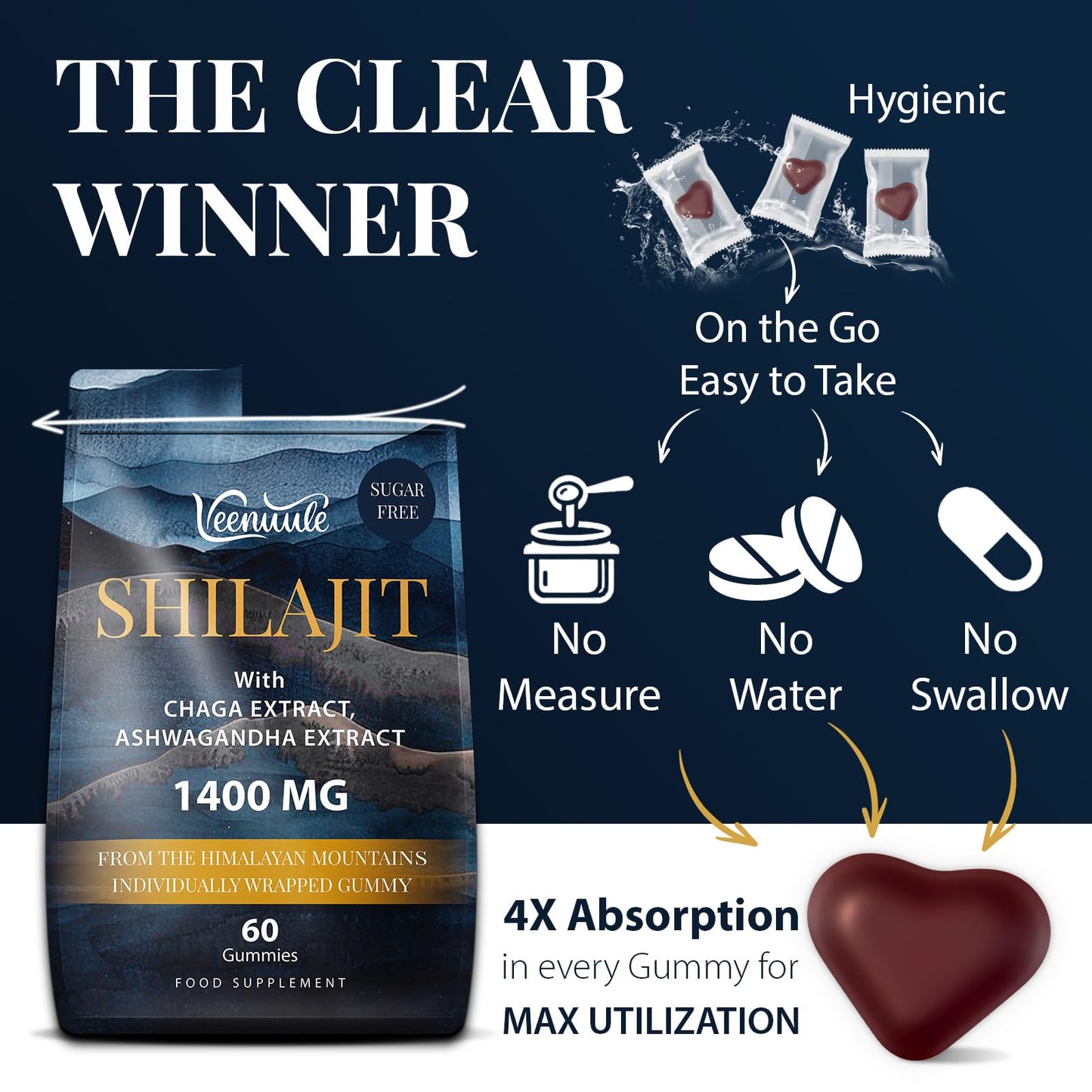 Veenuule 1400MG Shilajit Gummies, Pure High Strength Himalayan Shilajit Gummies with Chaga & Ashwagandha, Shilajit Gummies for Men & Women, 85+ Trace Minerals & Fulvic Acid, Zero Sugar, 60 Gummies