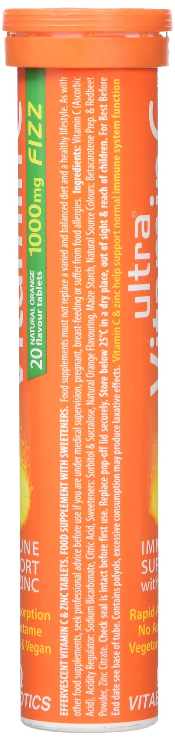 Vitabiotics Ultra Vitamin C Effervescent, Dissolvable with Zinc, Orange Flavour, 20 Tablets, Pack of 1