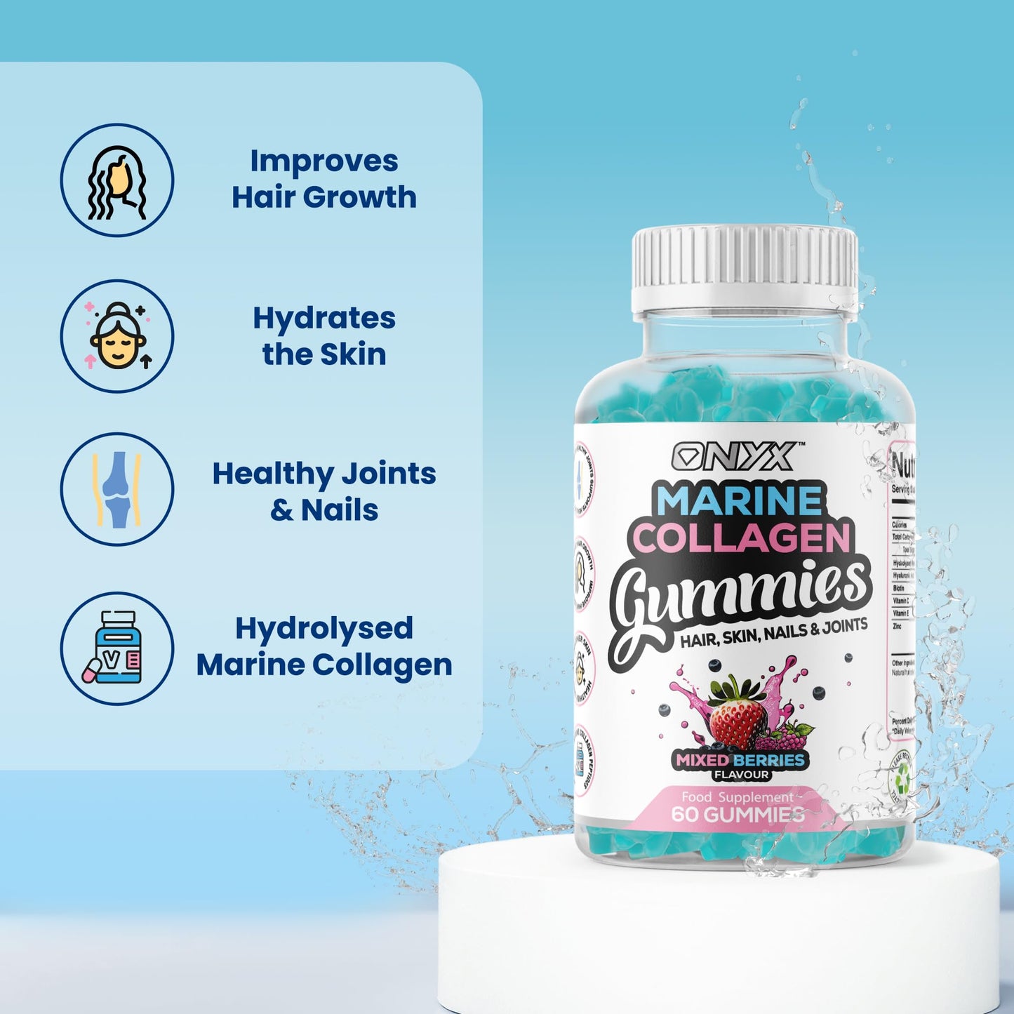 ONYX INGREDIENTS 101 Onyx Marine Collagen 2200mg with Hyaluronic Acid & Biotin - High Strength Collagen Supplements for Women & Men - 60 Vegan Gummies