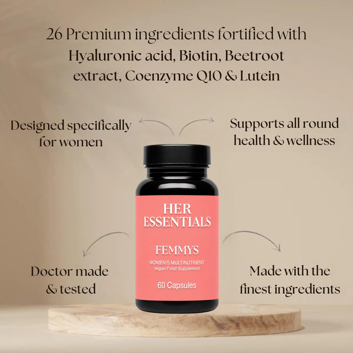Women’s Multivitamins & Minerals with Hyaluronic Acid & Biotin | 26 Essential Vitamins, Minerals & Botanicals | Optimal doses | Vegan & Gluten Free | No Synthetic fillers | 60 Caps | Her Essentials