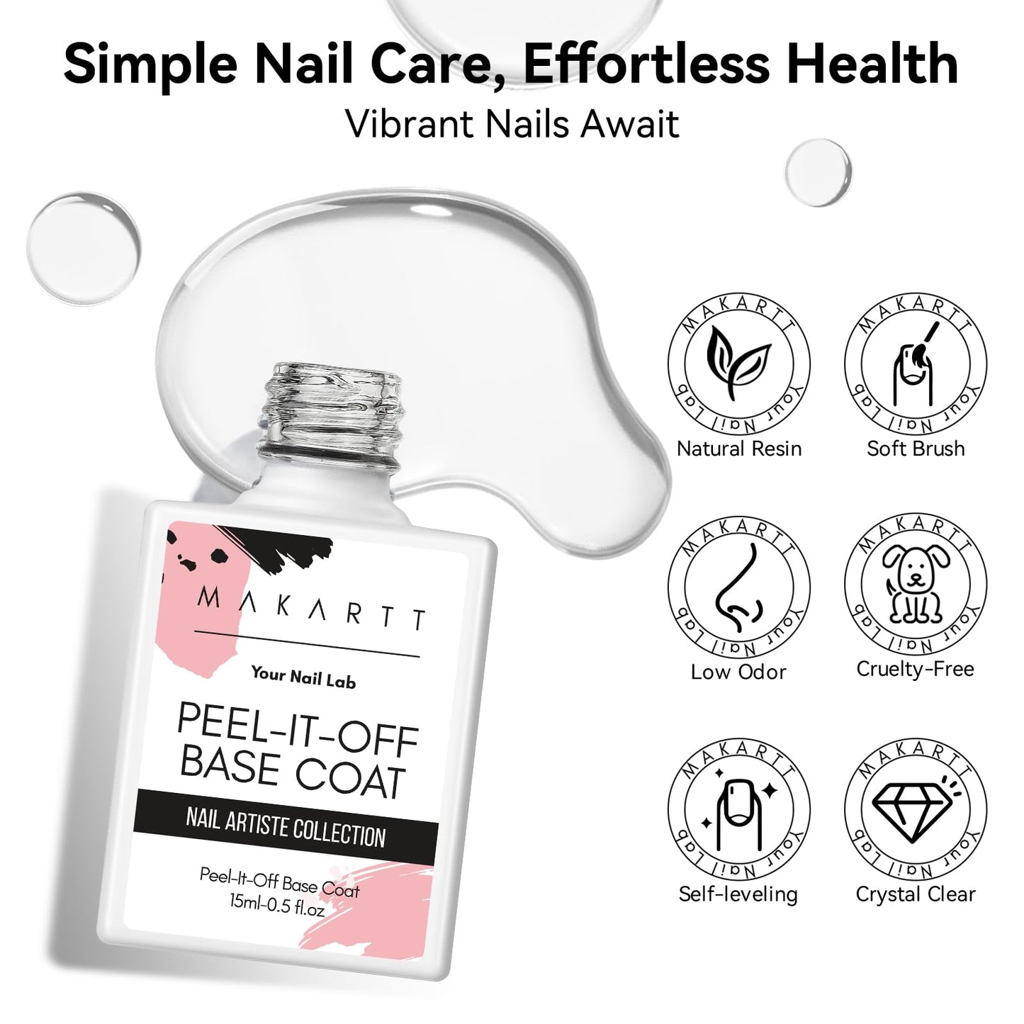 Makartt Peelable Base Coat -15ML Peel off Clear Nail Coat with 2 Wooden Stick, Easy Removal Gel Base Coat for Nail Art Beginners,UV Lamp Required, Ideal for DIY Home Manicure Salon Use