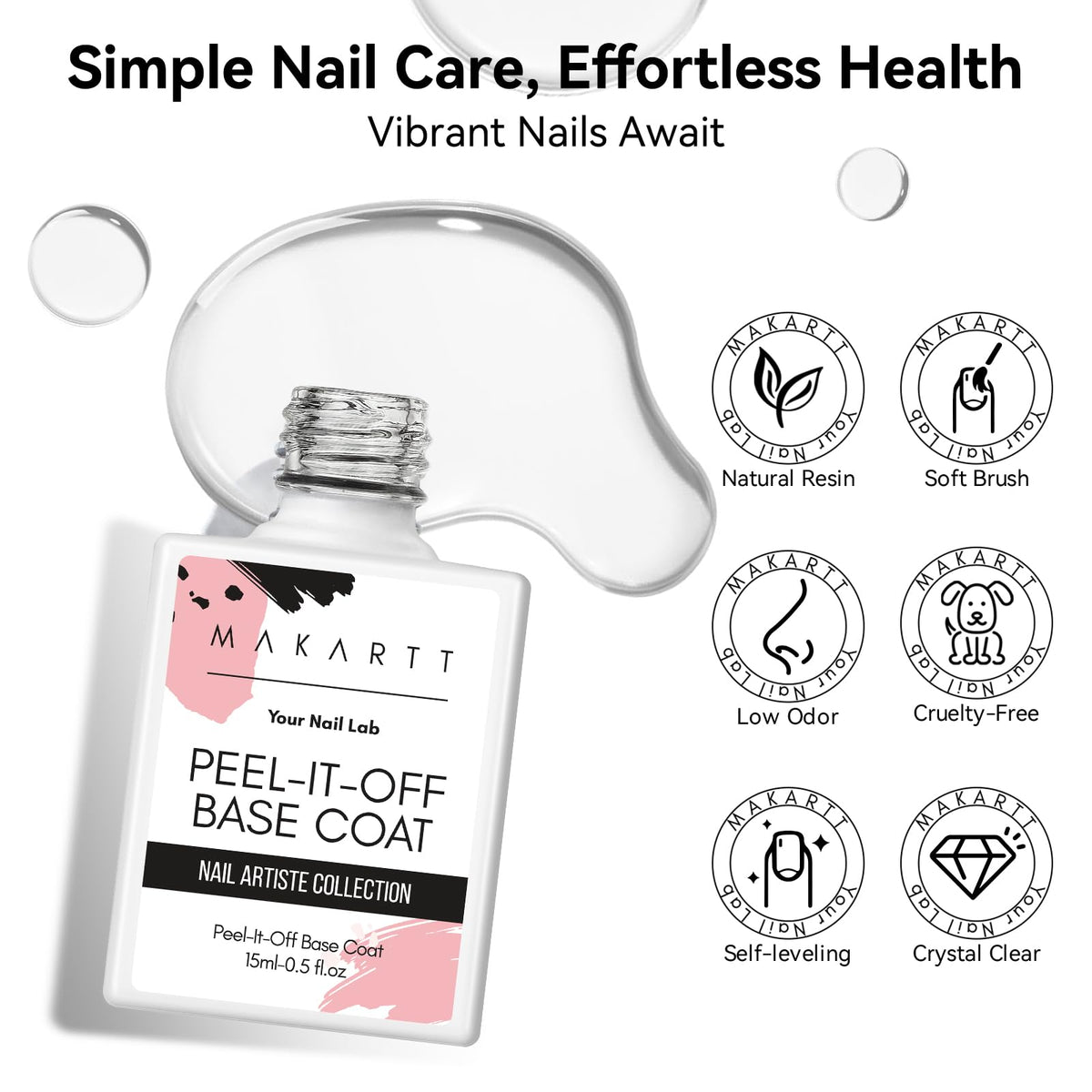 Makartt Peelable Base Coat -15ML Peel off Clear Nail Coat with 2 Wooden Stick, Easy Removal Gel Base Coat for Nail Art Beginners,UV Lamp Required, Ideal for DIY Home Manicure Salon Use