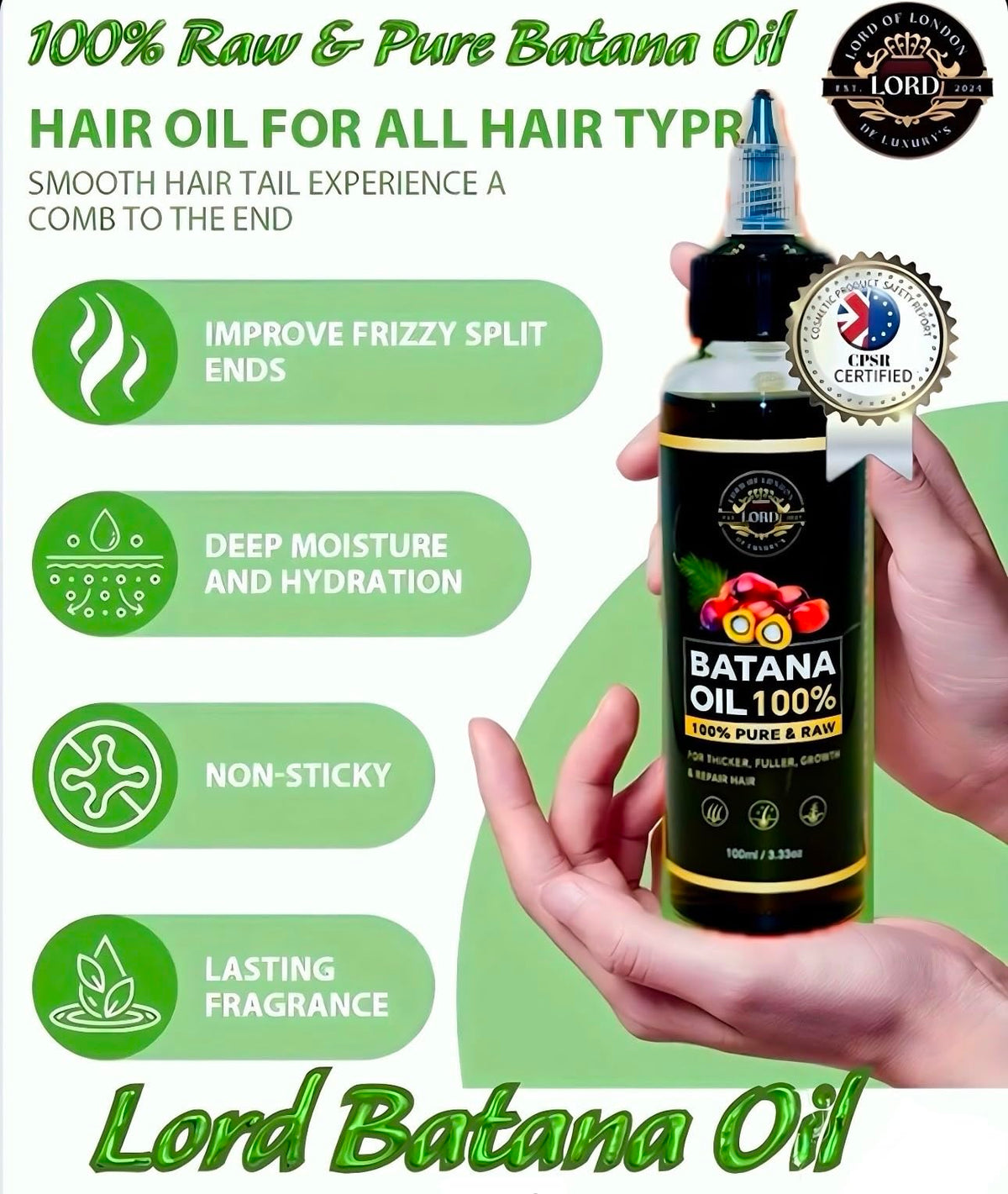 Lord of London Lord Batana Oil 100% Raw & Pure for Hair Growth, Gair treatment, 100ml, Chemical-Free Hair Oil for Thicker Fuller Hair