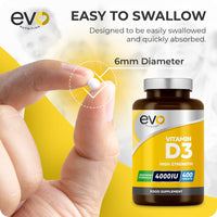 EVO NUTRITION Vitamin D 4000IU High Strength Supplement | 400 Vitamin D3 Tablets - 13 Months' Supply | VIT D3 | One-a-Day | High Absorption Cholecalciferol | Made in UK