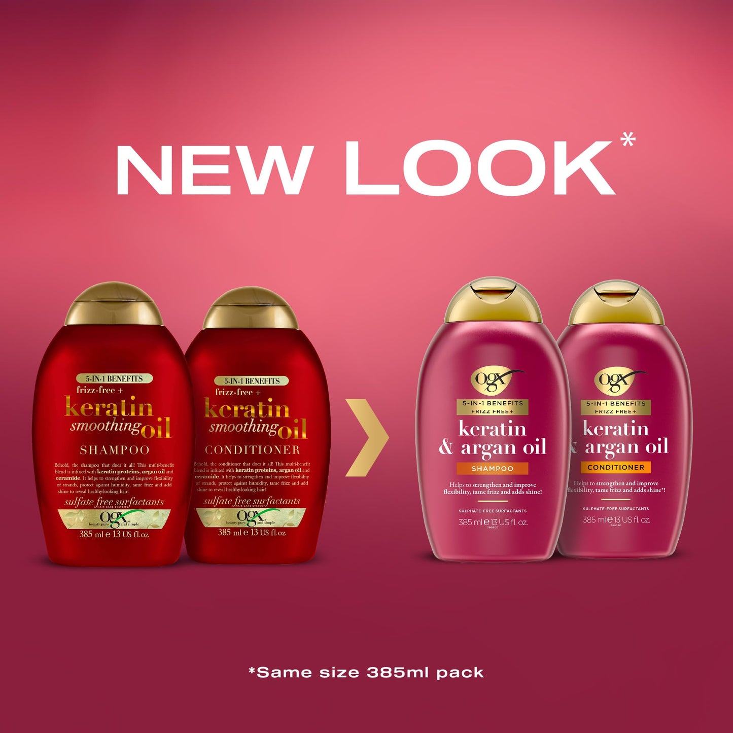 OGX 5in1 Benefits Frizz Free with Keratin & Argan Oil Shampoo, Strengthens and Improves Flexibility, Tames Frizz and Adds Shine, Sulfate Free, 385ml