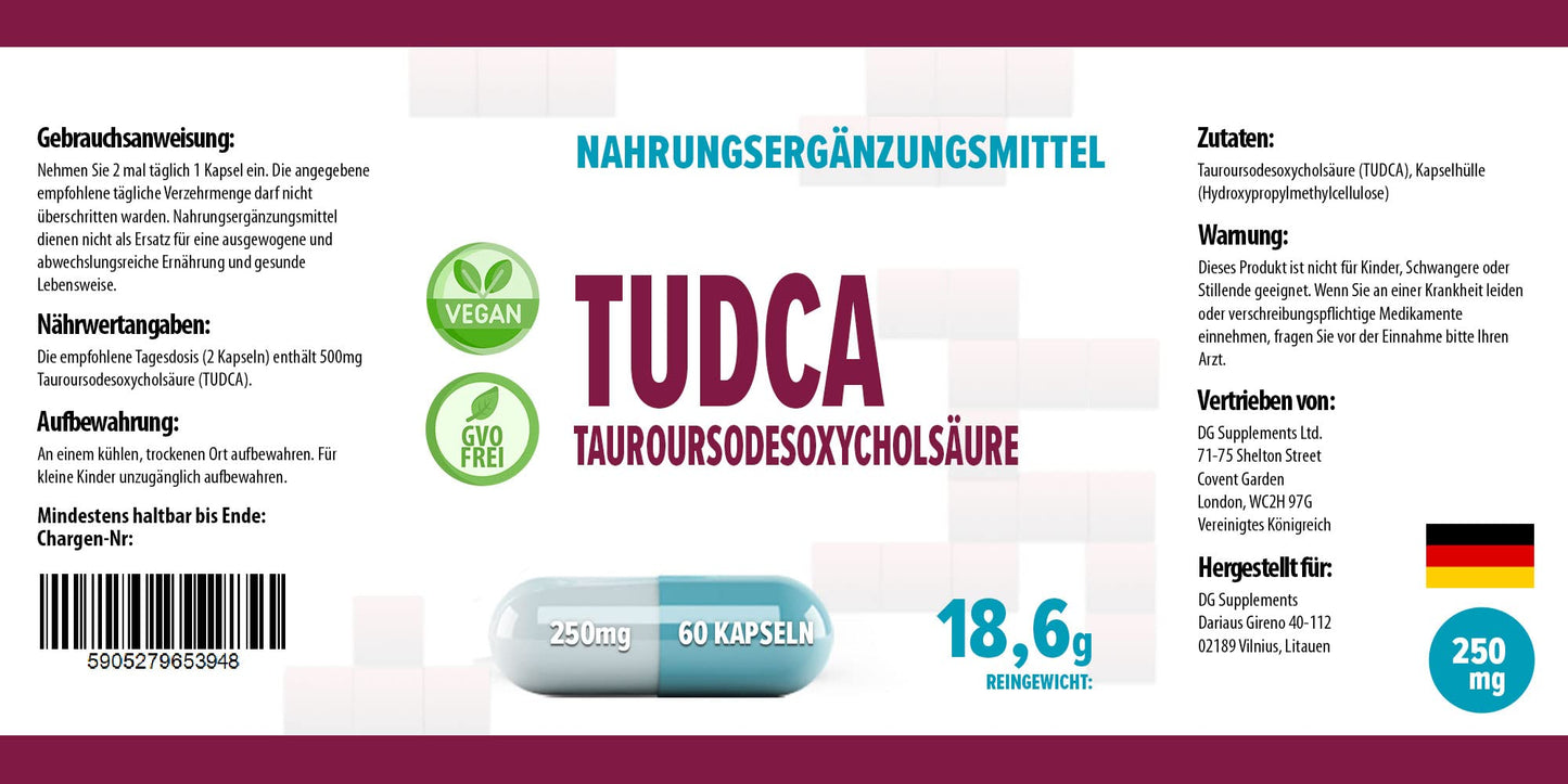 Hepatica TUDCA 250mg | Tauroursodeoxycholic Acid | 500mg Daily Serving | 60 Vegan Capsules | 1-Month Supply | 3rd Party Lab Tested