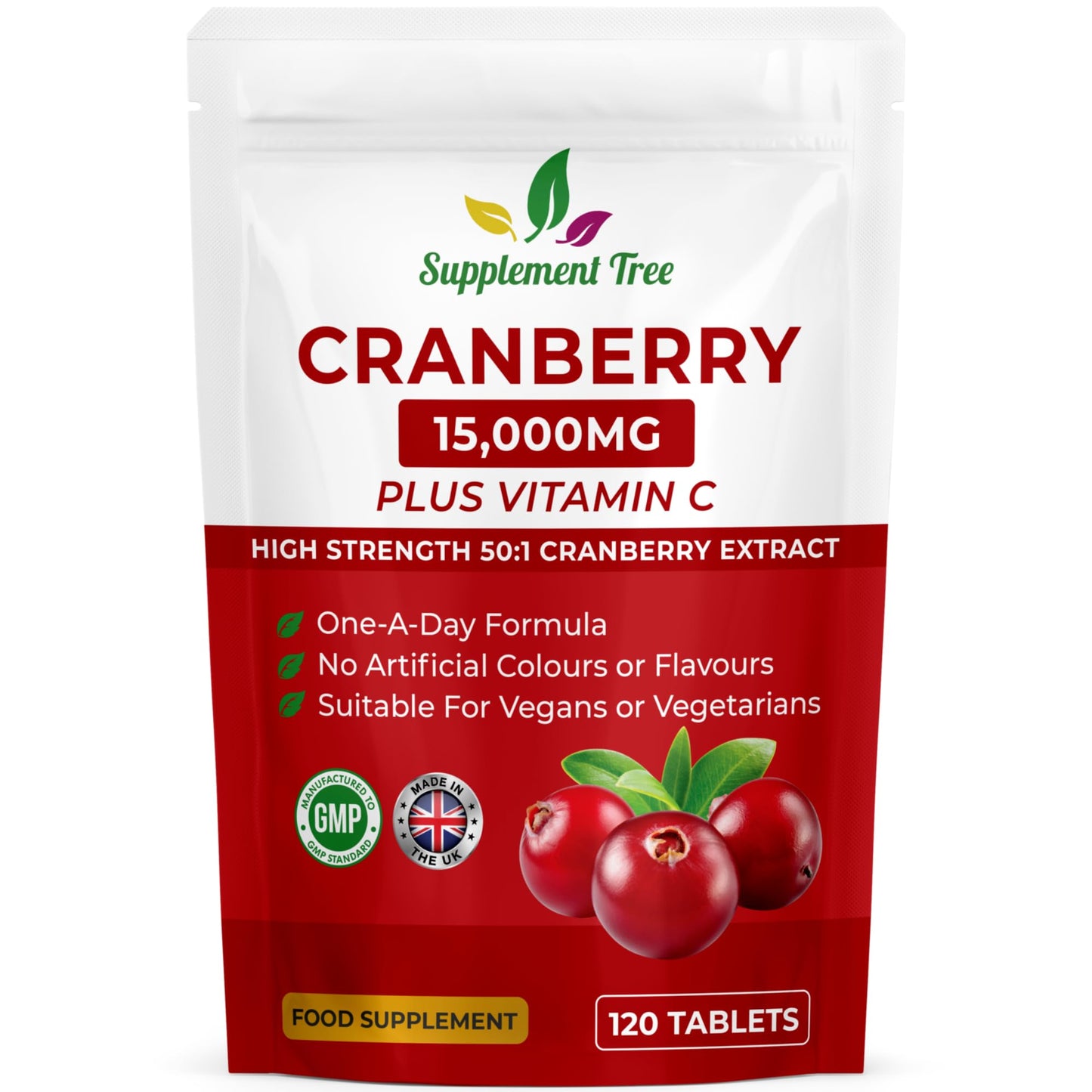 Supplement Tree Triple Strength Cranberry Tablets 15,000mg | 120 Vegan Tablets with VIT C | High Strength Cranberry Extract Tablet for Men & Women | Cranberry Pills Supplement | UK Manufactured