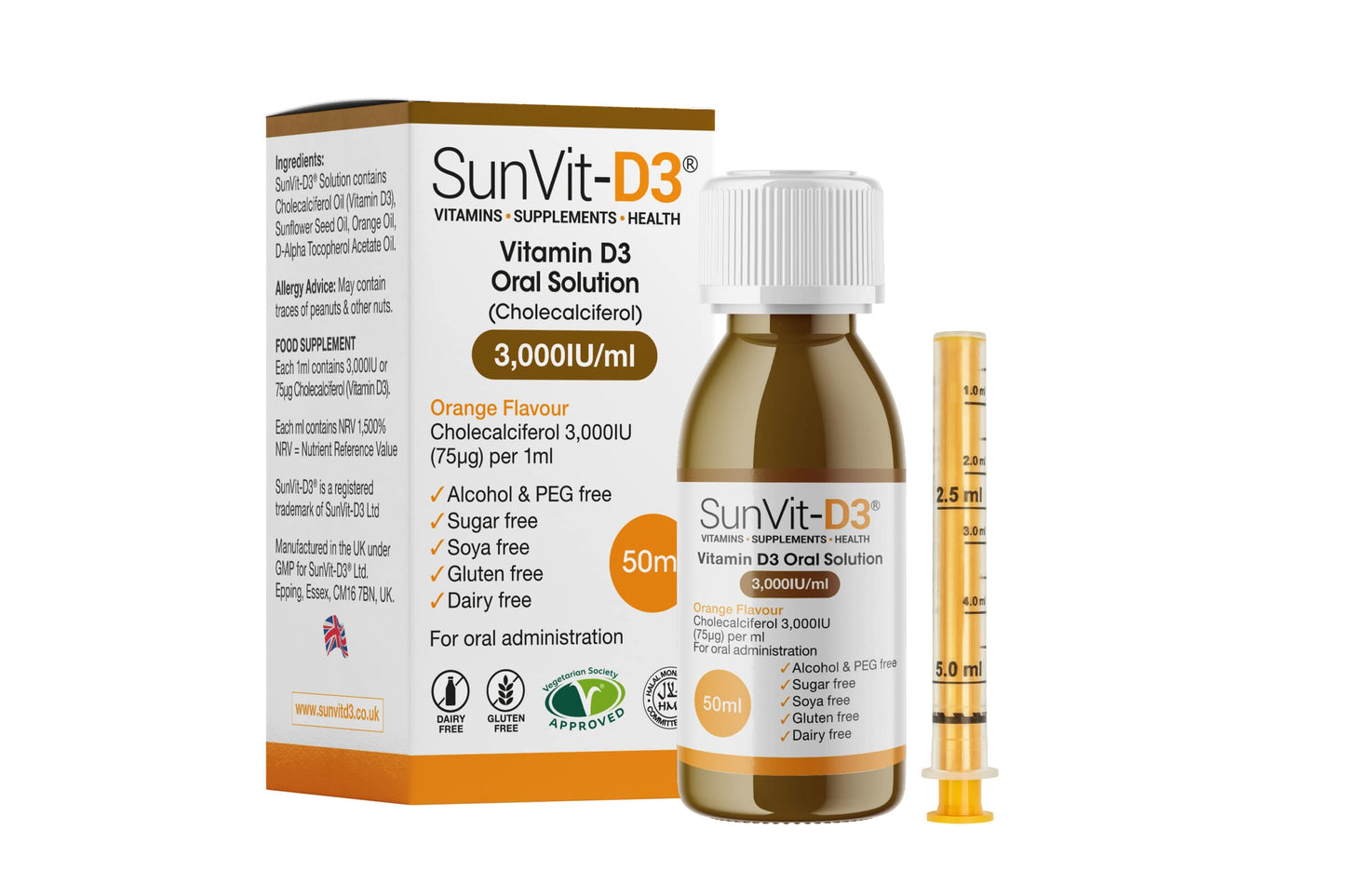 SunVit-D3 Vitamin D3 3000IU Oral Solution - Vitamin D for Kids | Cholecalciferol Vitamin D Drops Baby | Supports Bone, Teeth, Muscle & Immune System | Vitamin D Drops for Kids (50ml Orange Flavor)