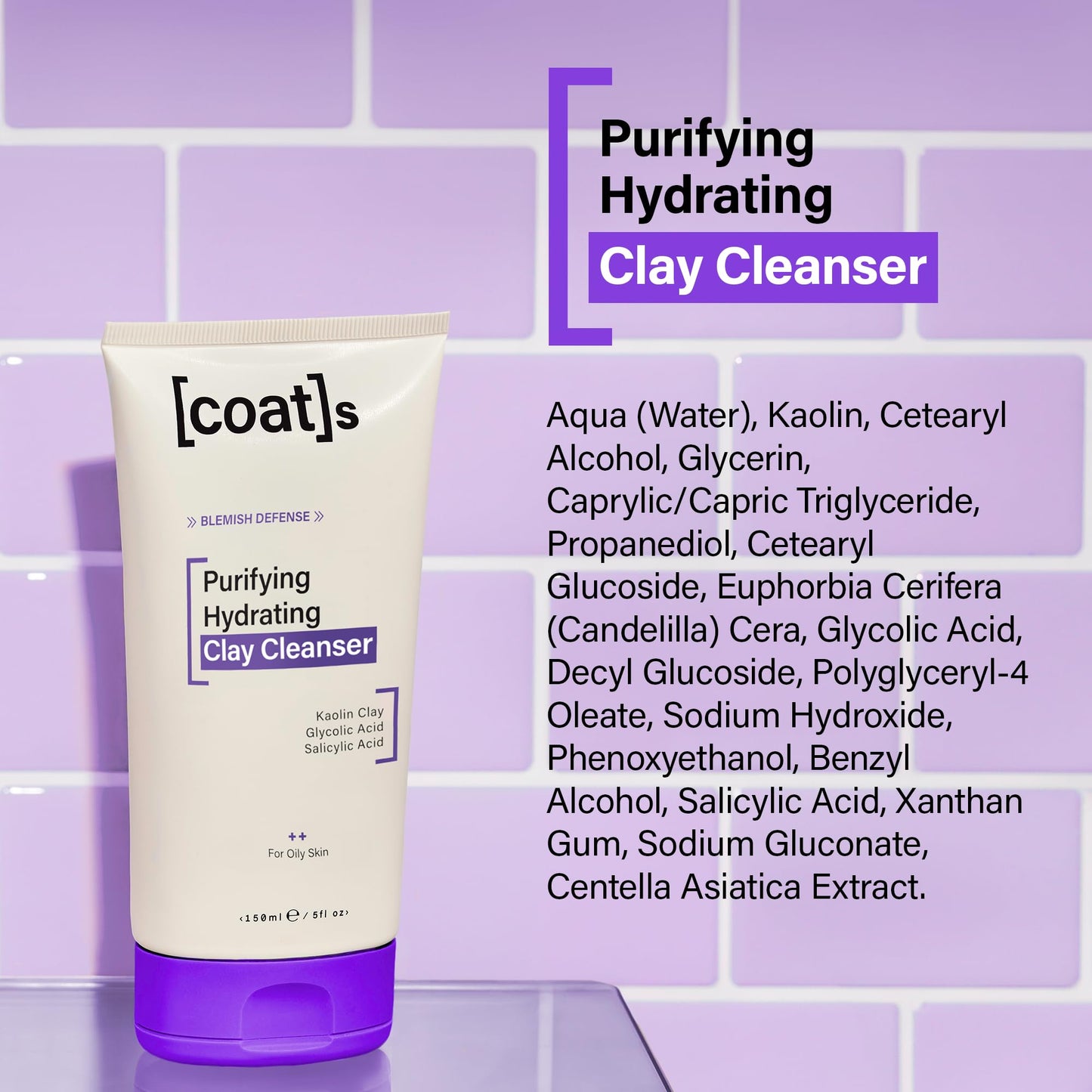Coats Blemish Defense Purifying Hydrating Clay Cleanser for Oily, Blemish-Prone Skin – With Kaolin Clay, Glycolic Acid & Salicylic Acid to Help Prevent Breakouts – Designed For Young Skin – 150 ml