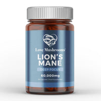 Love Mushrooms Lion's Mane Capsules, 60,000mg, 60 Capsules, Mushroom Supplement to Support Brain Health, Focus & Memory, Organic & Vegan