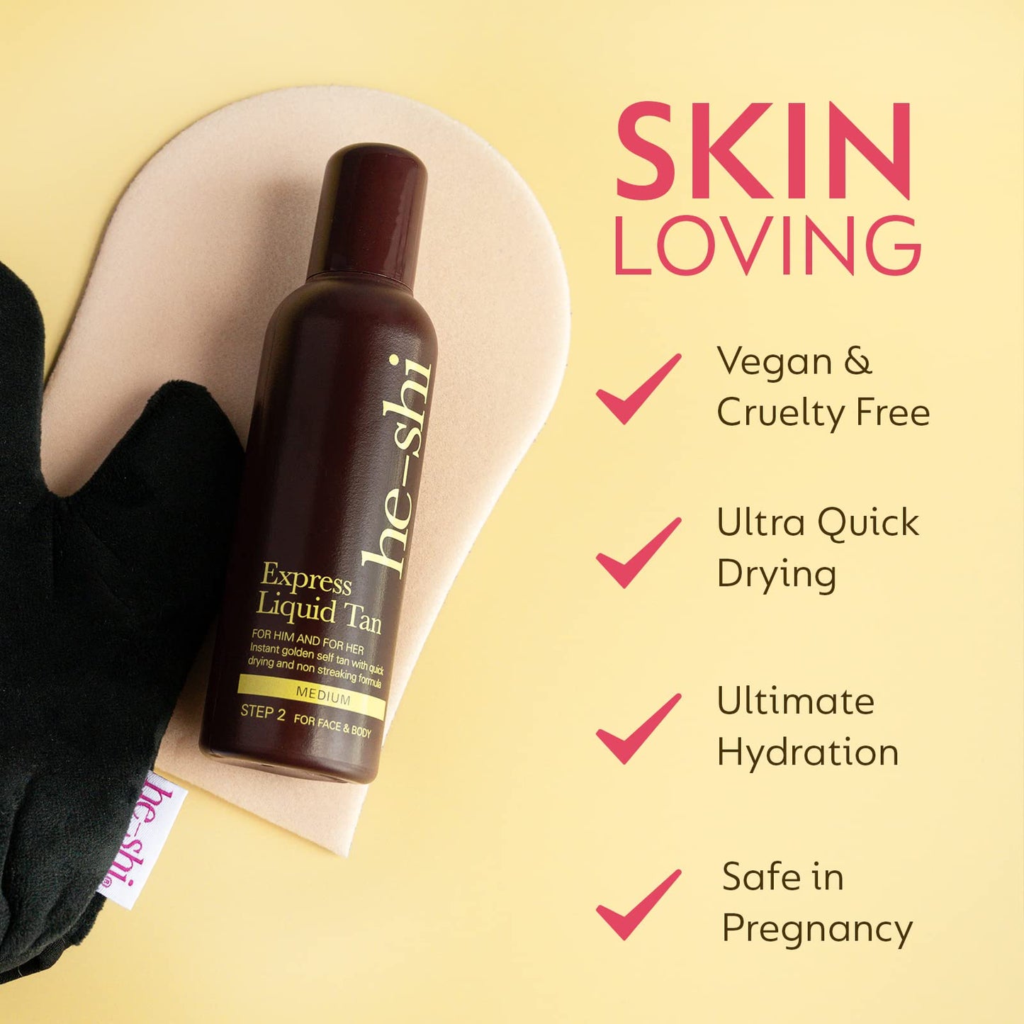 He-Shi Express Liquid Tan Instant Fake Tan Liquid, Medium – Express Fake Tan Lotion - Quick Dry Formula with No False Tan Smell - Vegan & Cruelty Free - Medium Bronzing Glow (150ml)