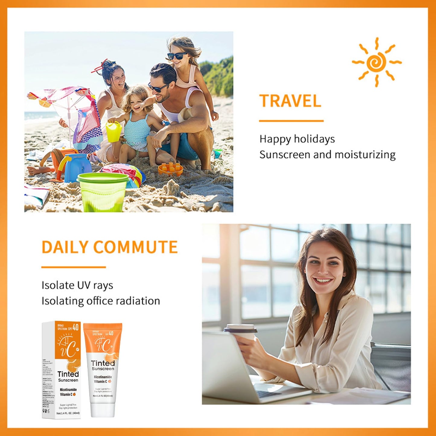 CTUBLIAUNX Tinted Sunscreen SPF 40, Vitamin C Tinted Moisturiser with SPF Anti-Ageing & No White Residue, Tinted Sunblock, Sun Cream Universal Shade for All Skin Tones