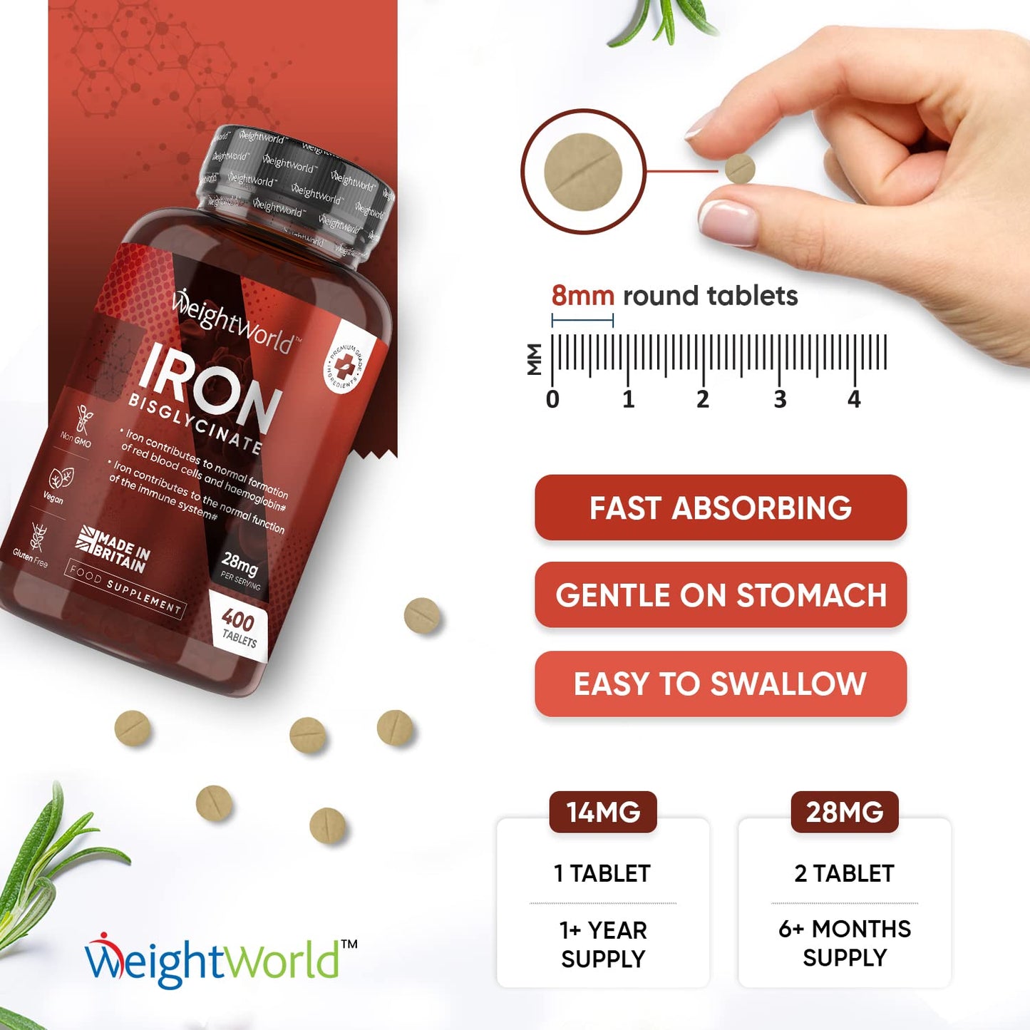 Gentle Iron Tablets High Strength 28mg - 400 Tablets (6+ Months Supply) - Vegan Iron Bisglycinate - Energy Tablets for Tiredness and Fatigue - High Absorption Iron Supplements for Women and Men