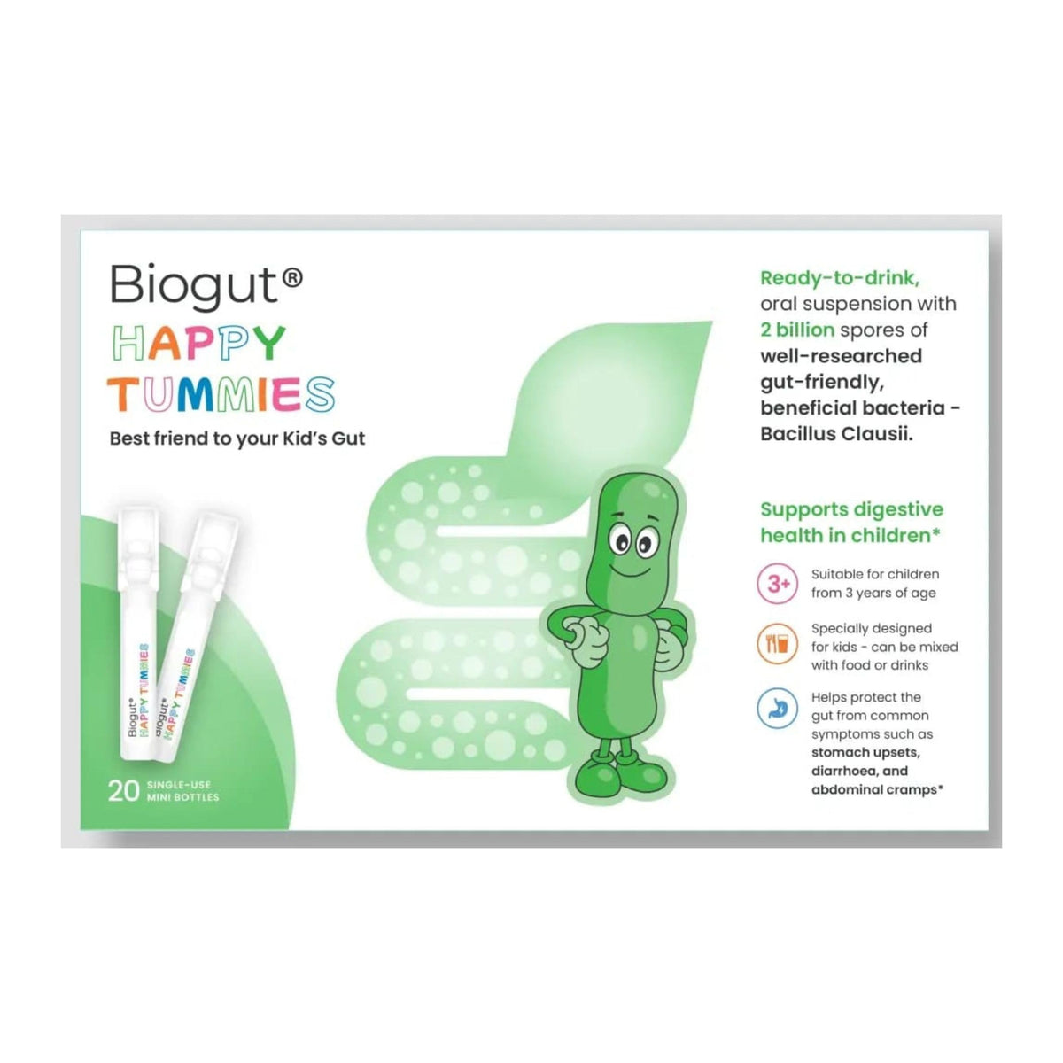 BIOGUT Biogut Happy Tummies | Kids Supplement Drink |Bacillus Clausii | Helps with Stomach Upset, Diarrhoea & Cramps | Mix with Food or Drinks for Fussy Eaters | 20 Ready-to-Drink Vials