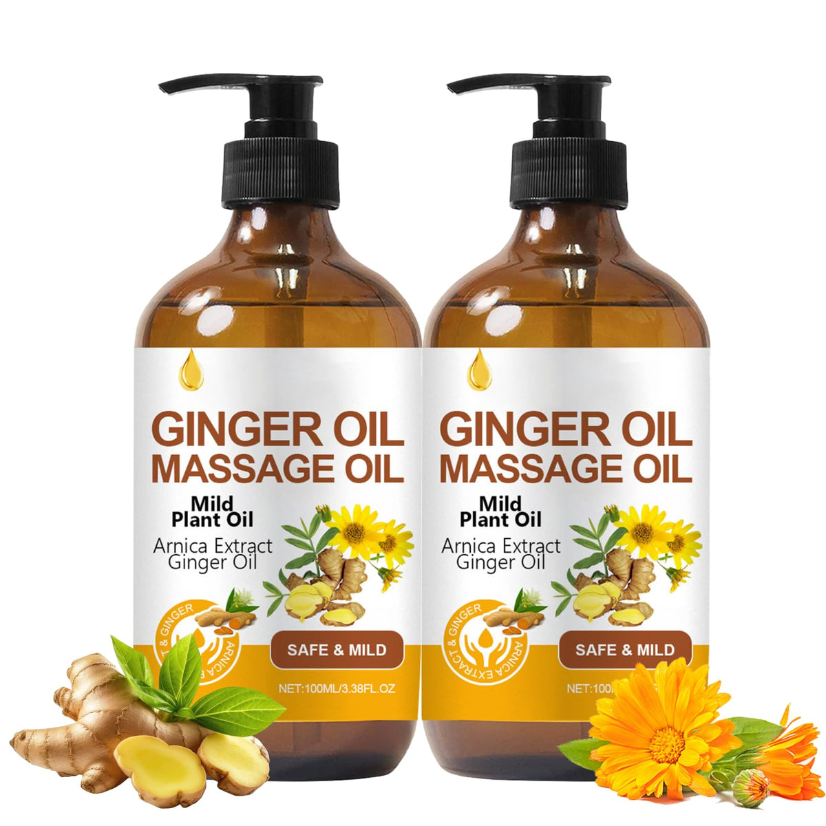 Cureluxe 2PCS Ginger Massage Oil for Muscle Relaxation & Skin Hydration,Massage Oils for Massage Therapy,Body Oil for Muscle Pain Relief,Soothing Essential Oil with Vitamin E,Stress Relief & Tired Legs